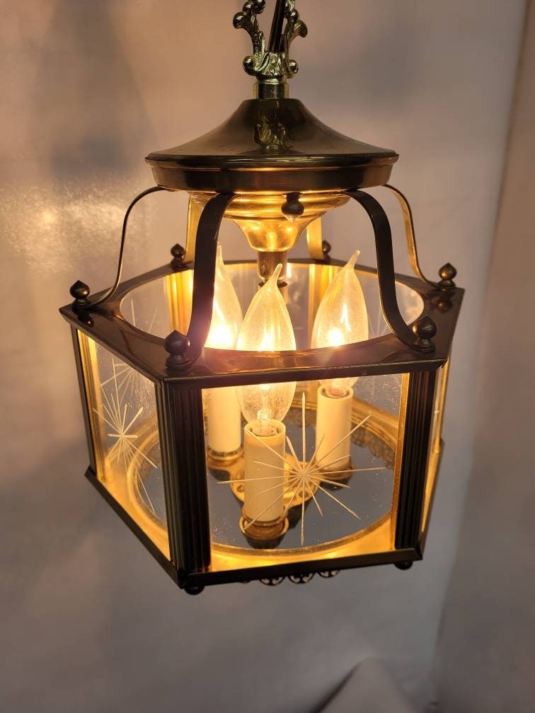 Vintage Brass Lantern Neo Decor Starburst Etched Glass Chandelier Entryway, Old World Glam - 9