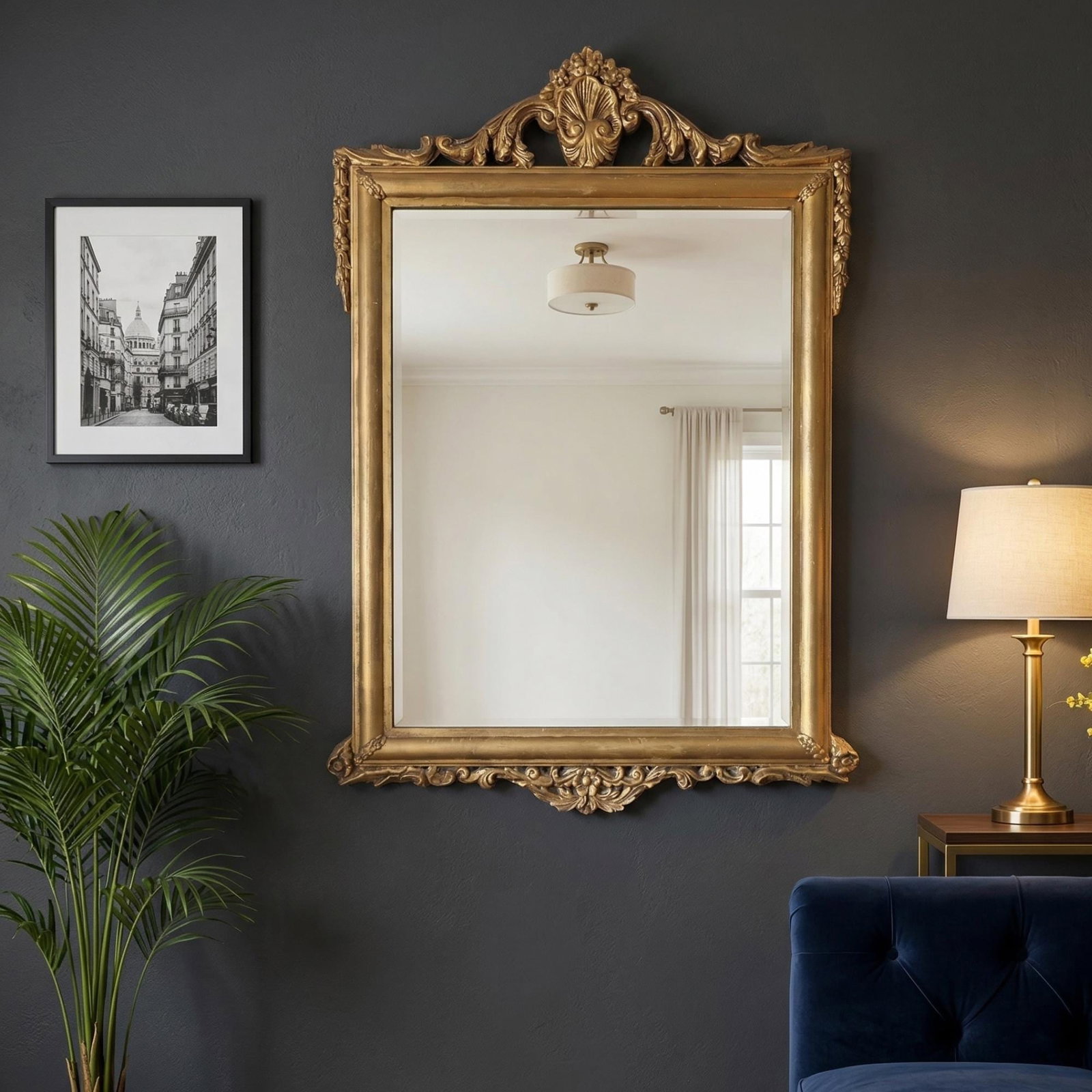 Hollywood Regency Wood Wall Mirror Gilded Shell Crest Frame, Dark Academia Baroque Mantel Decor - 9
