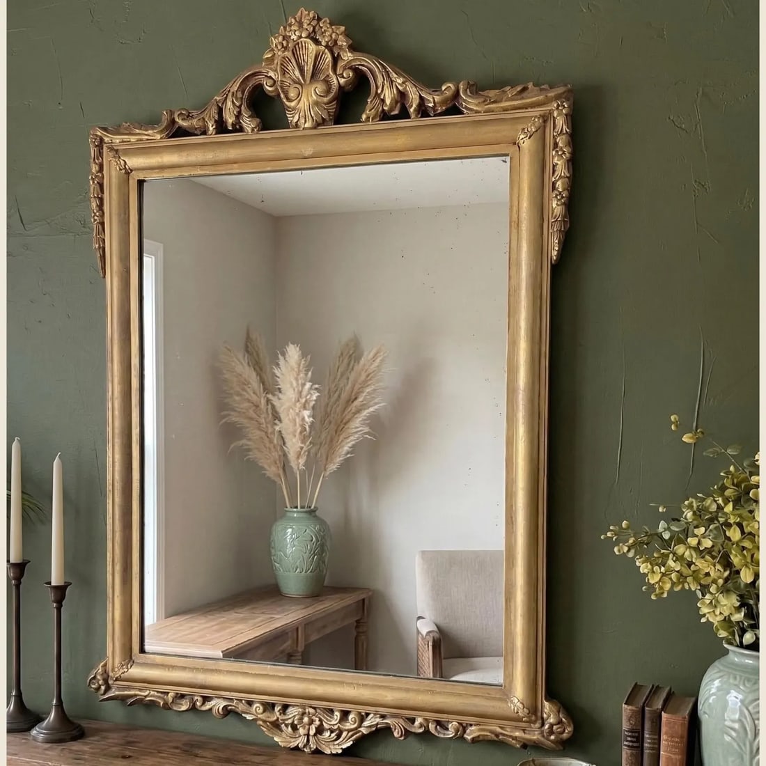 Hollywood Regency Wood Wall Mirror Gilded Shell Crest Frame, Dark Academia Baroque Mantel Decor: This is an original 1960s Hollywood Regency Large gilded wood wall mirror with a hand-carved shell crest and scrollwork frame. One of the most sought after American decorative mirror styles of the era