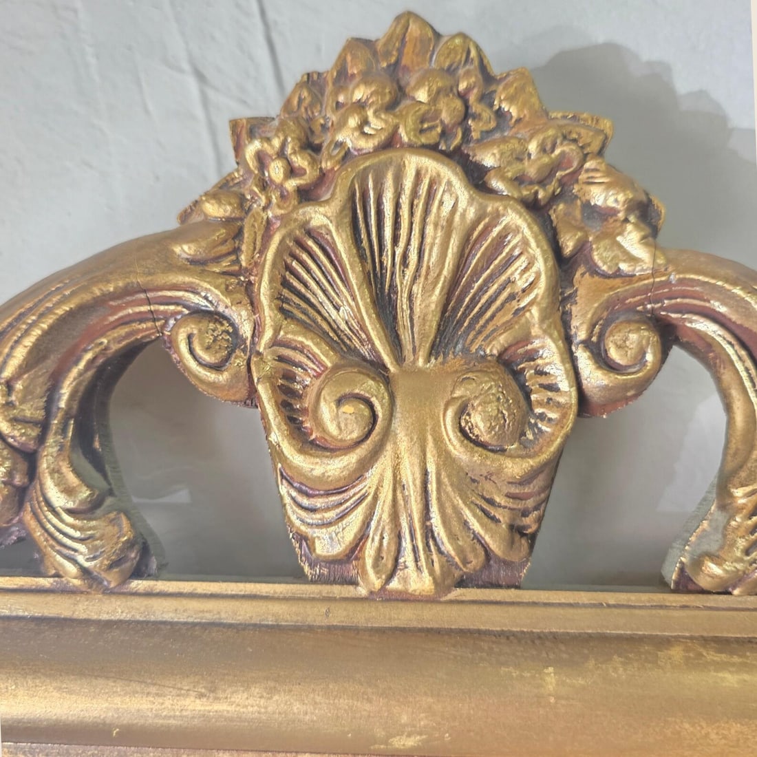 Hollywood Regency Wood Wall Mirror Gilded Shell Crest Frame, Dark Academia Baroque Mantel Decor - 2
