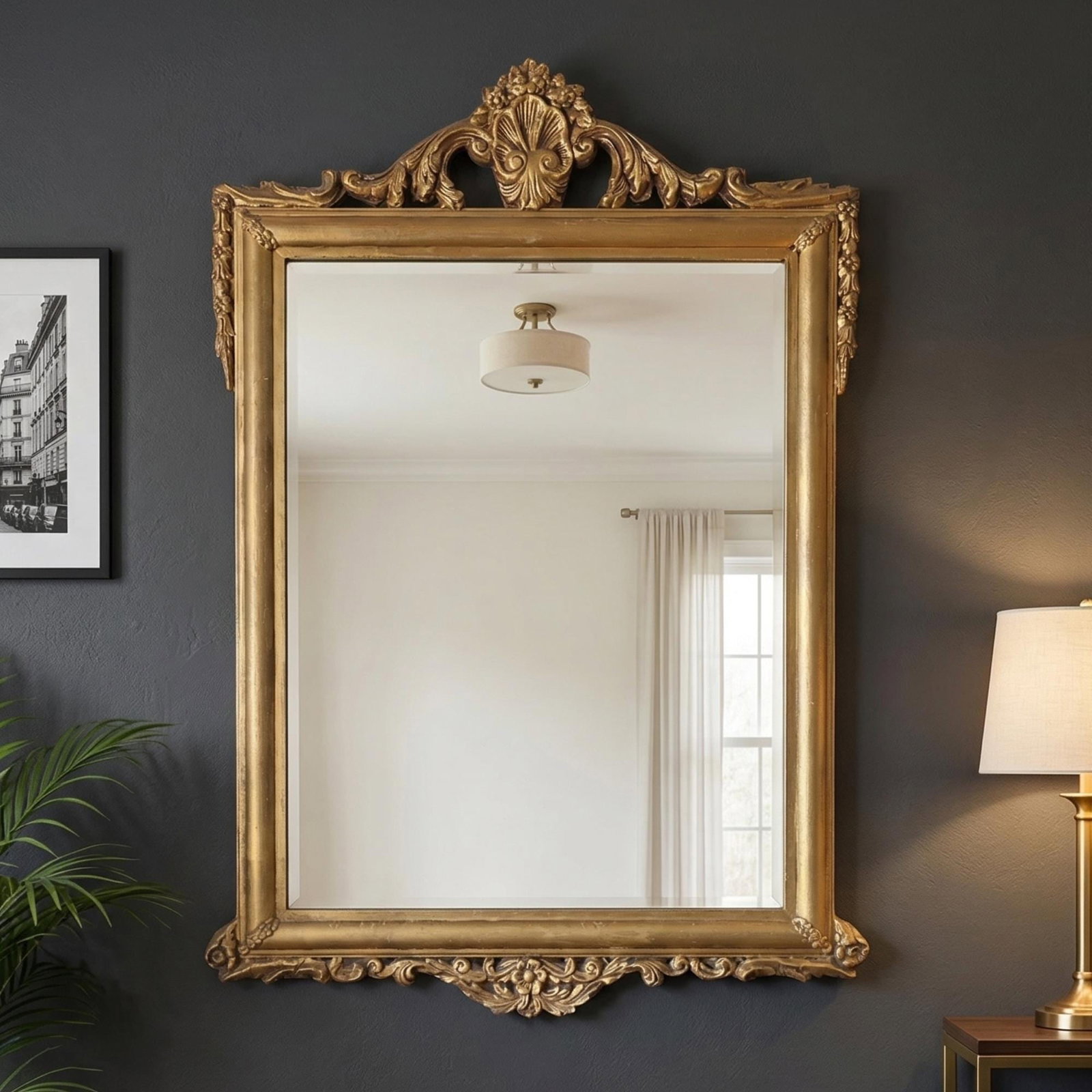 Hollywood Regency Wood Wall Mirror Gilded Shell Crest Frame, Dark Academia Baroque Mantel Decor - 3