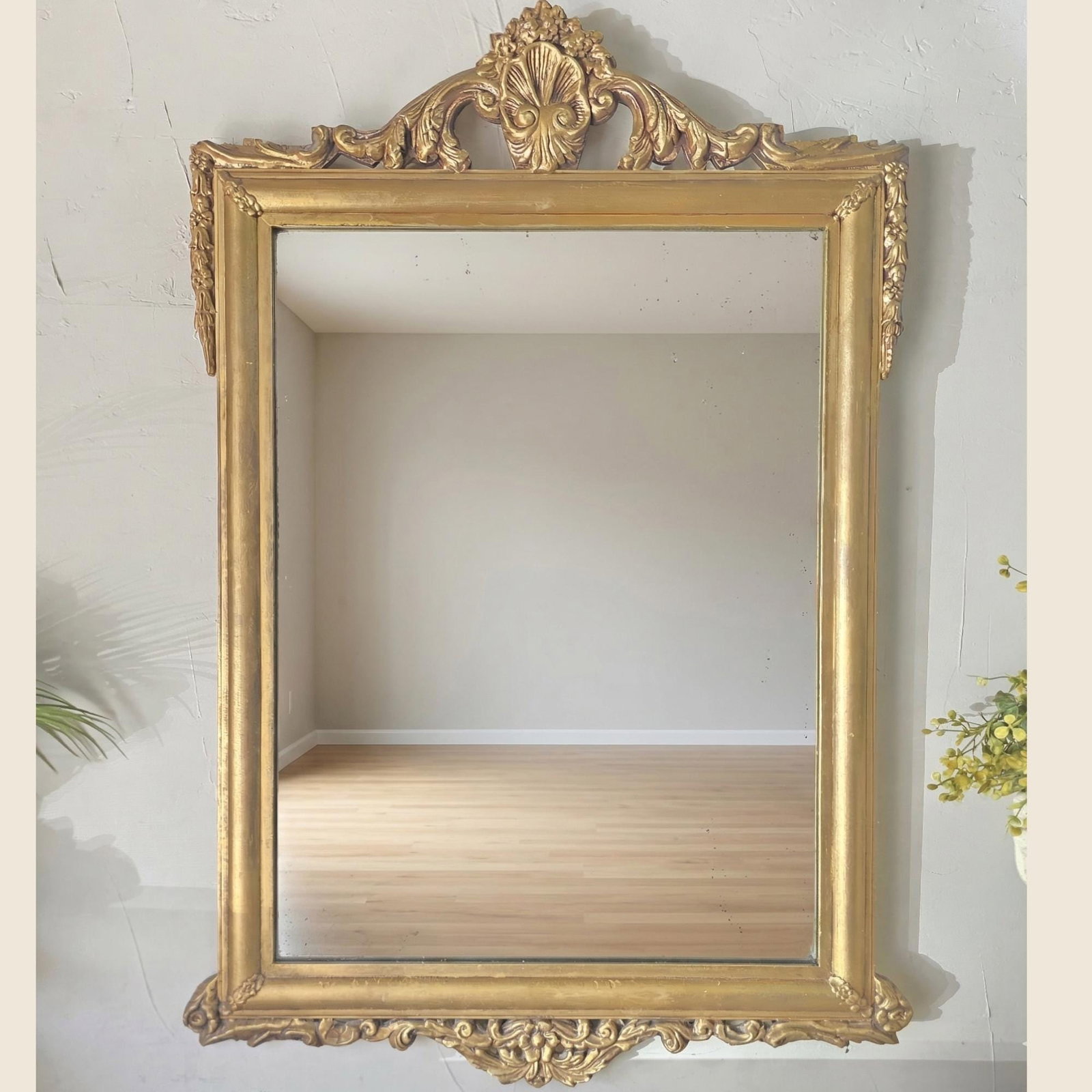 Hollywood Regency Wood Wall Mirror Gilded Shell Crest Frame, Dark Academia Baroque Mantel Decor - 7