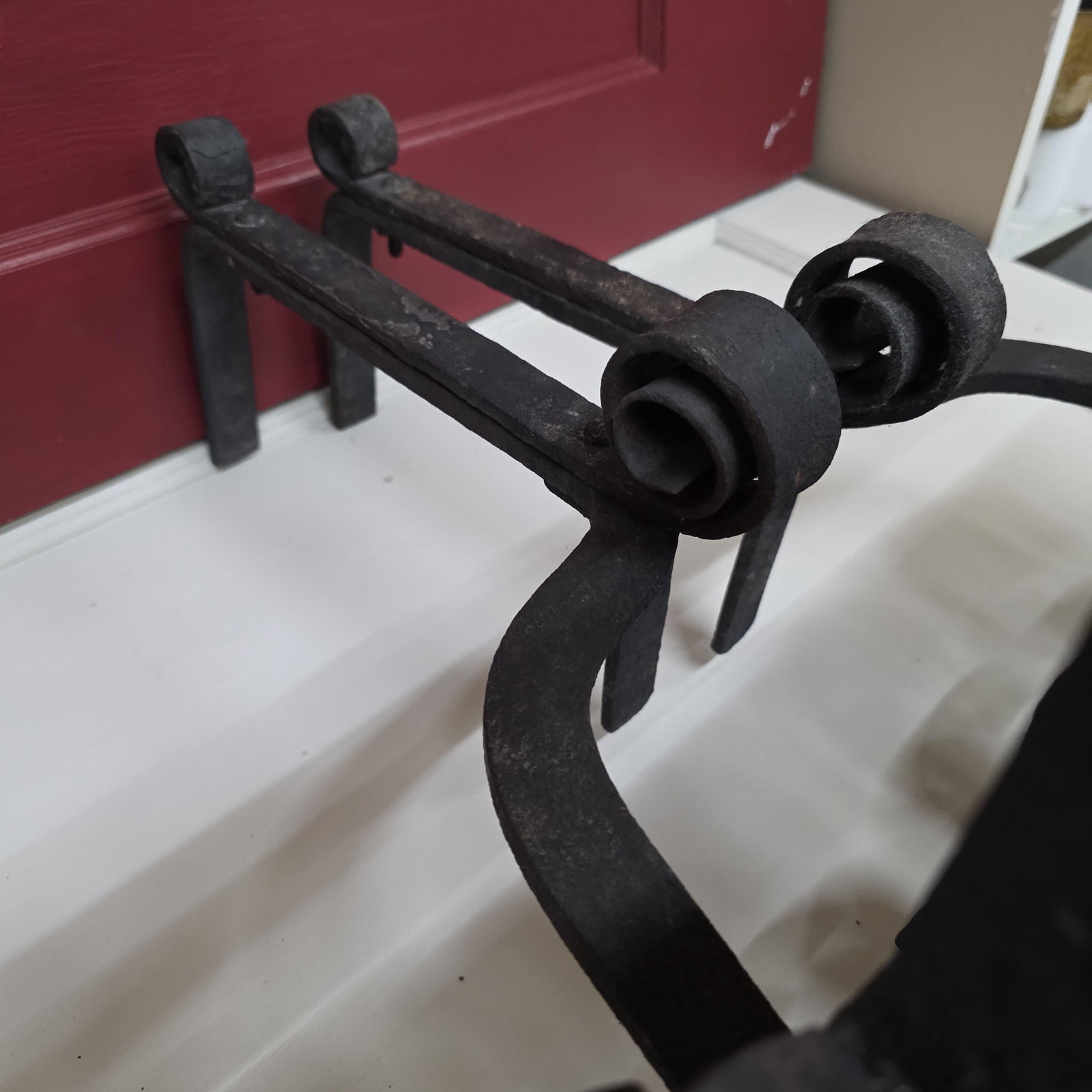 1920 Iron Fireplace Andirons Fire Dogs, Hand-Forged Scrollwork Dark Academia - 11
