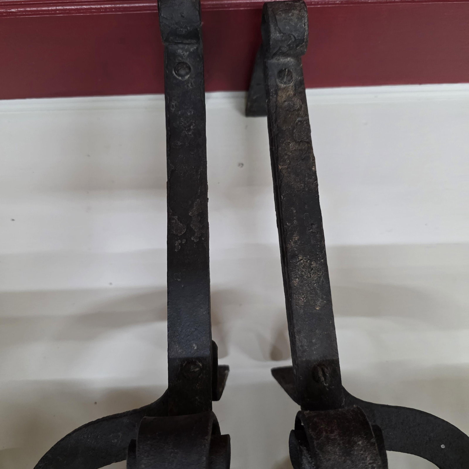 1920 Iron Fireplace Andirons Fire Dogs, Hand-Forged Scrollwork Dark Academia - 12