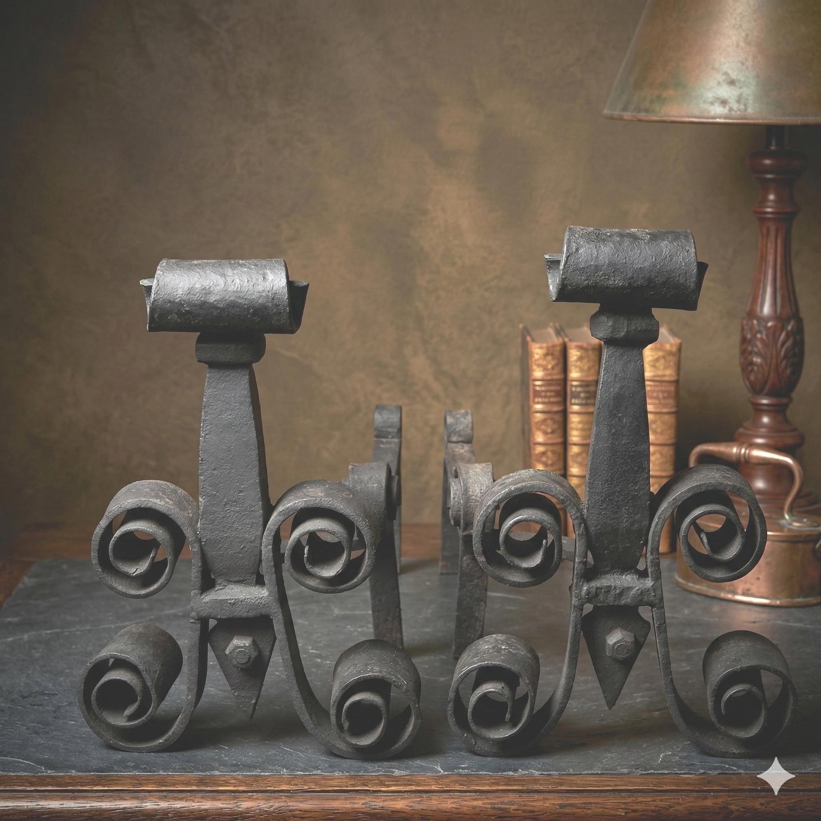 1920 Iron Fireplace Andirons Fire Dogs, Hand-Forged Scrollwork Dark Academia (1 of 16)