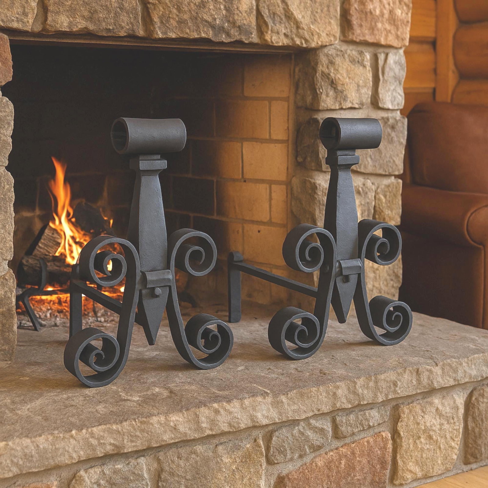 1920 Iron Fireplace Andirons Fire Dogs, Hand-Forged Scrollwork Dark Academia - 6