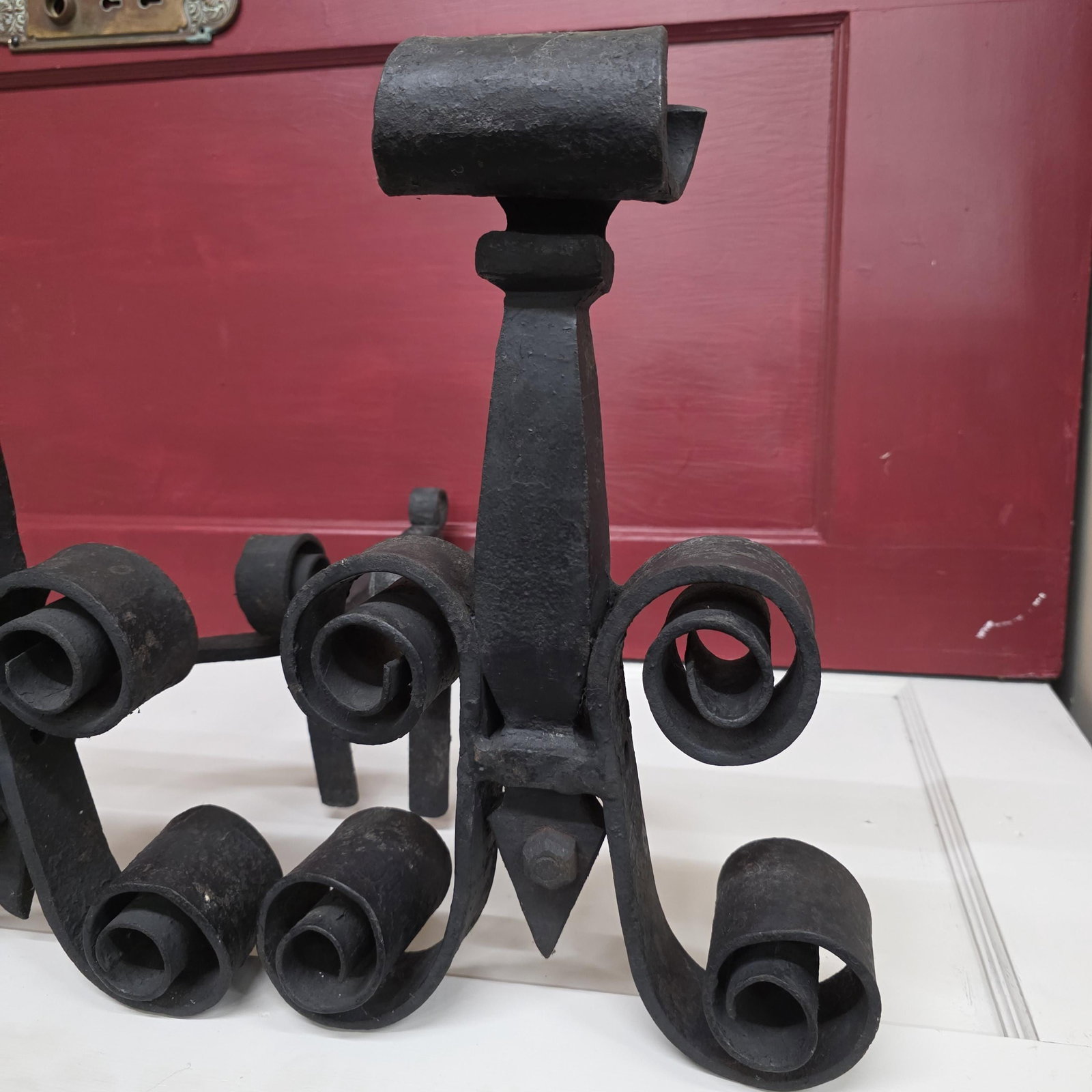 1920 Iron Fireplace Andirons Fire Dogs, Hand-Forged Scrollwork Dark Academia - 7