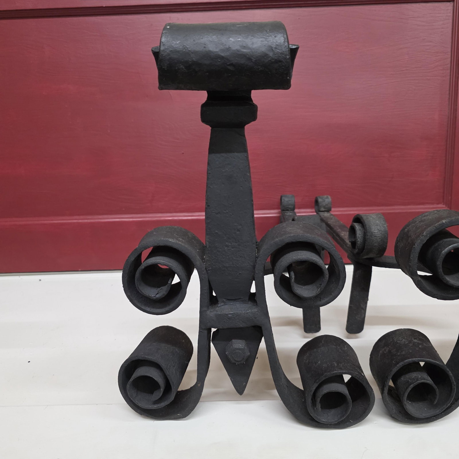 1920 Iron Fireplace Andirons Fire Dogs, Hand-Forged Scrollwork Dark Academia - 8