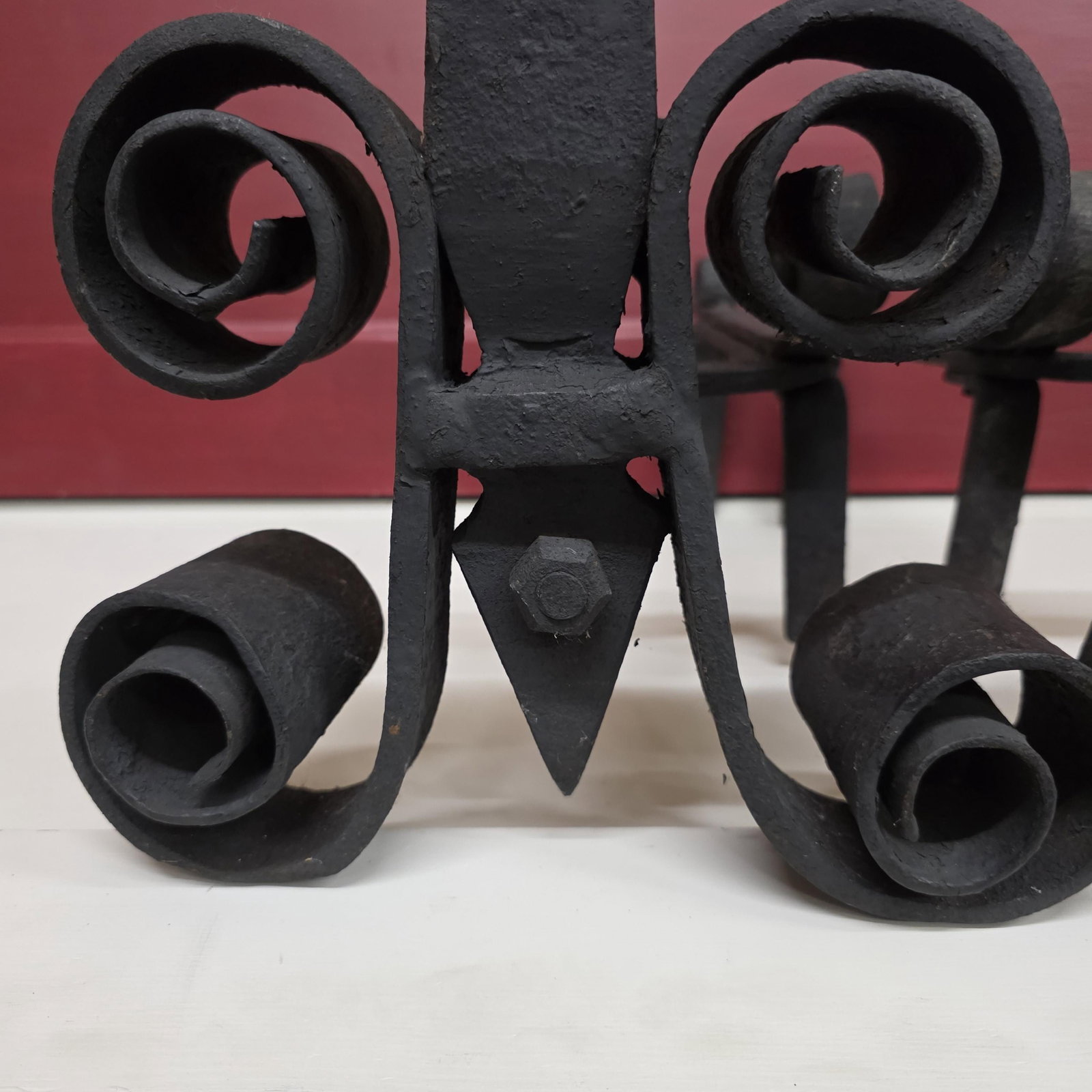 1920 Iron Fireplace Andirons Fire Dogs, Hand-Forged Scrollwork Dark Academia - 9