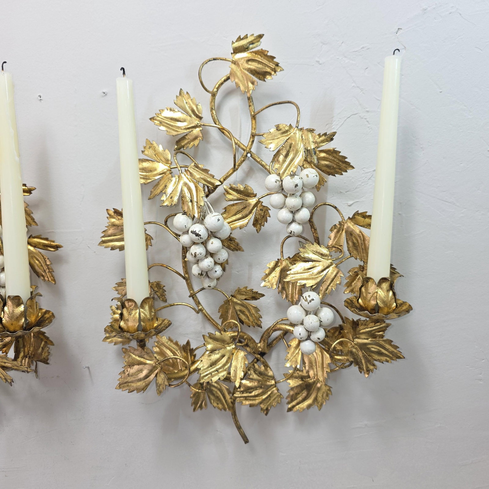 1960 Italian Wall Candle Holder Sconces a Pair Tole Florentine Gold Gilt Hollywood Regency - 12