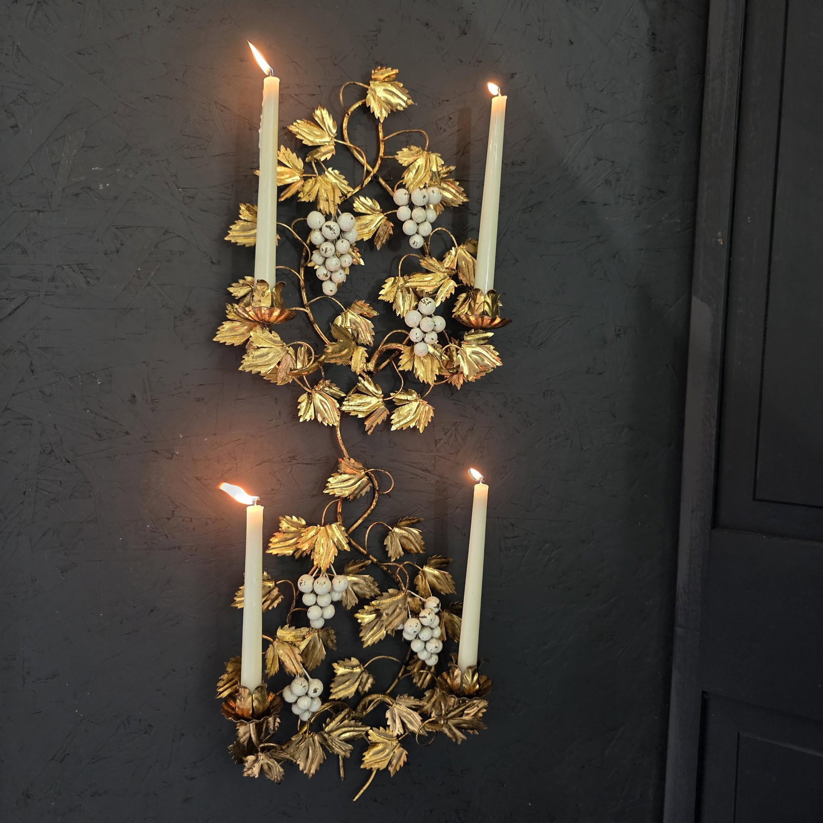 1960 Italian Wall Candle Holder Sconces a Pair Tole Florentine Gold Gilt Hollywood Regency - 14