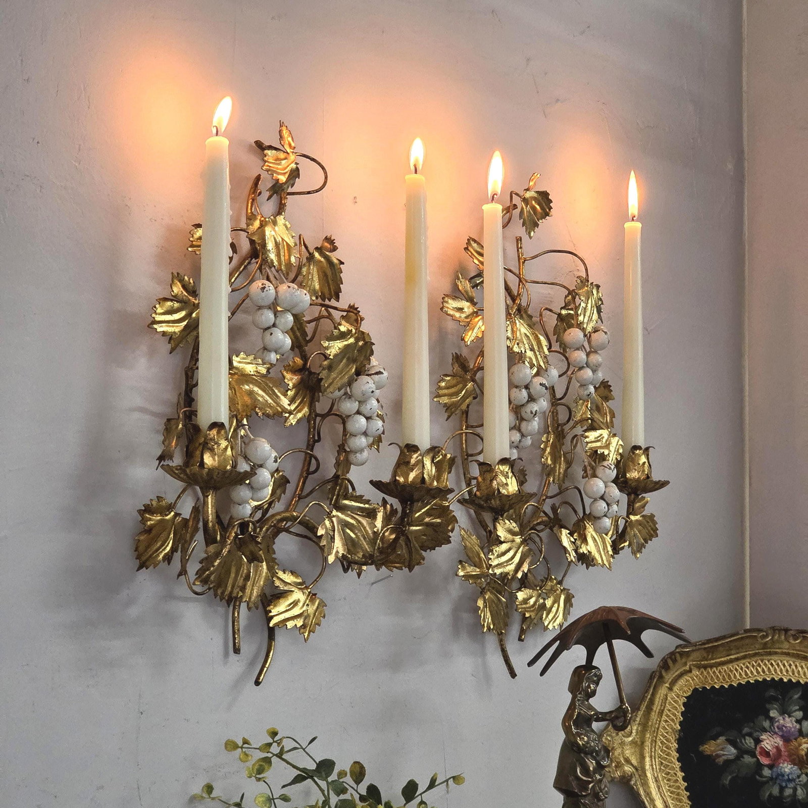 1960 Italian Wall Candle Holder Sconces a Pair Tole Florentine Gold Gilt Hollywood Regency - 2