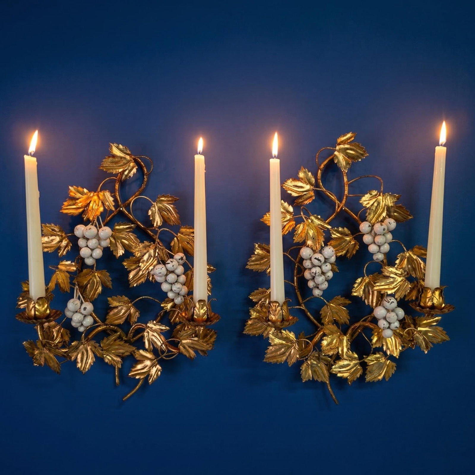 1960 Italian Wall Candle Holder Sconces a Pair Tole Florentine Gold Gilt Hollywood Regency - 8