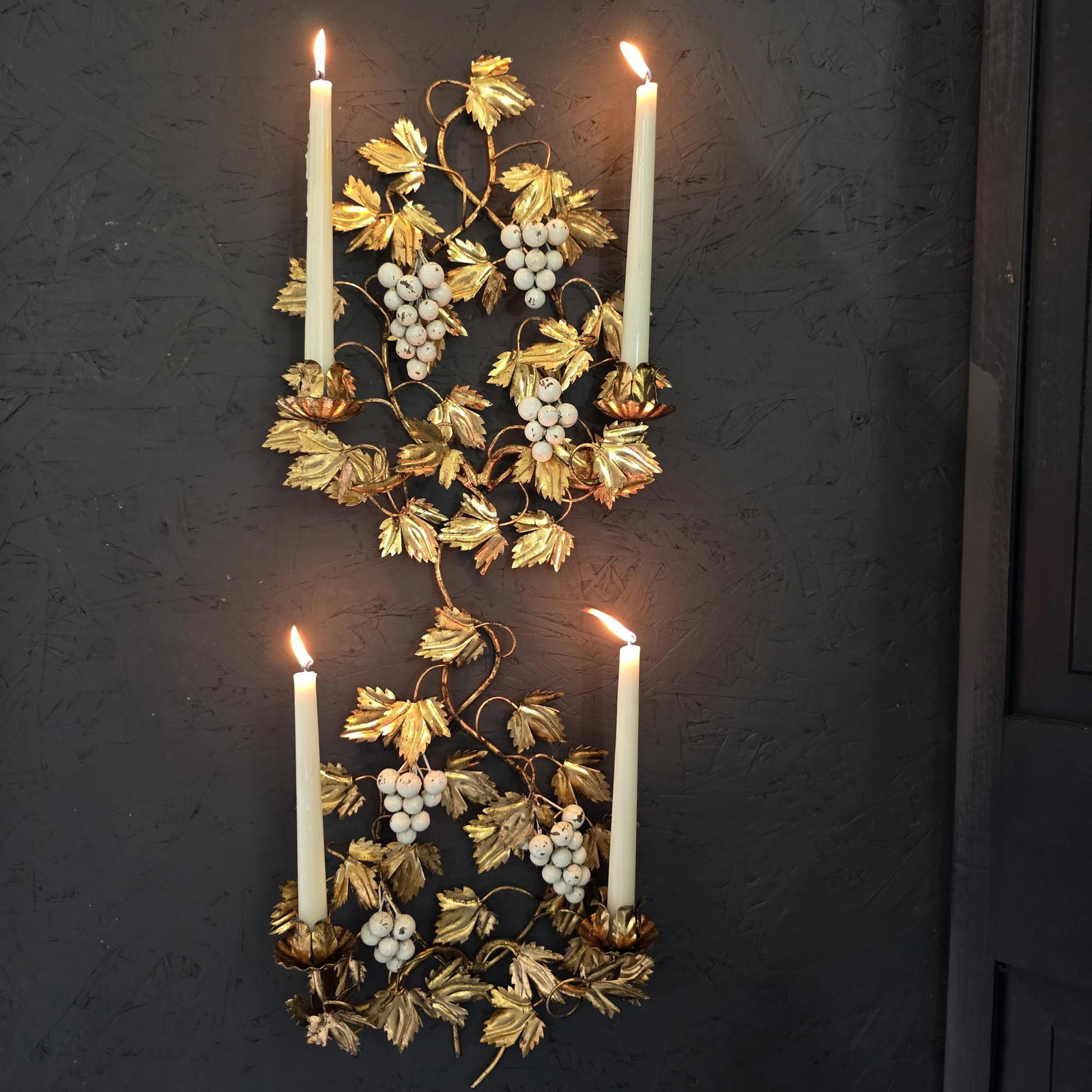 1960 Italian Wall Candle Holder Sconces a Pair Tole Florentine Gold Gilt Hollywood Regency - 9
