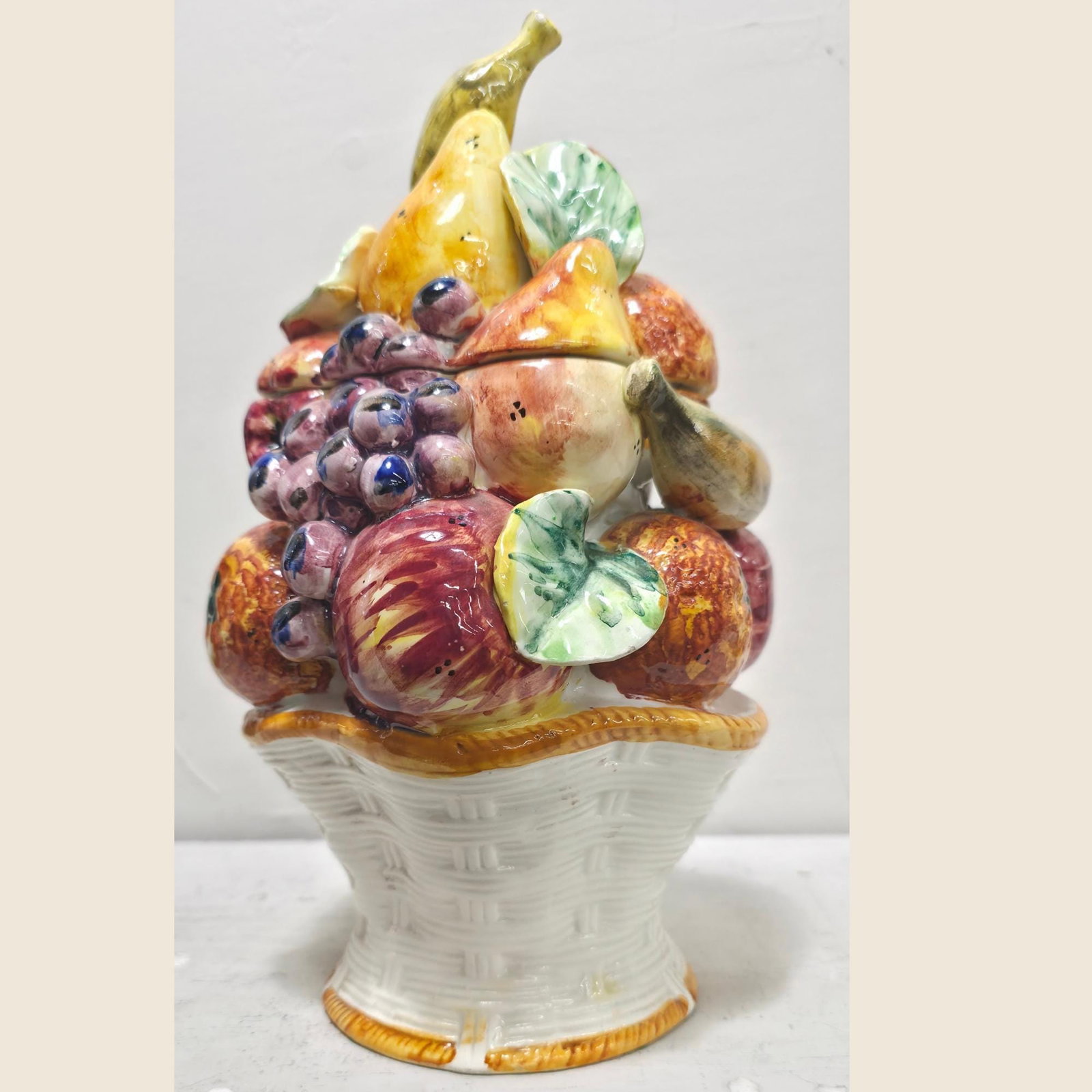 Italian Majolica Fruit Basket Cookie Jar, Hand-Painted Ceramic Canister - 10
