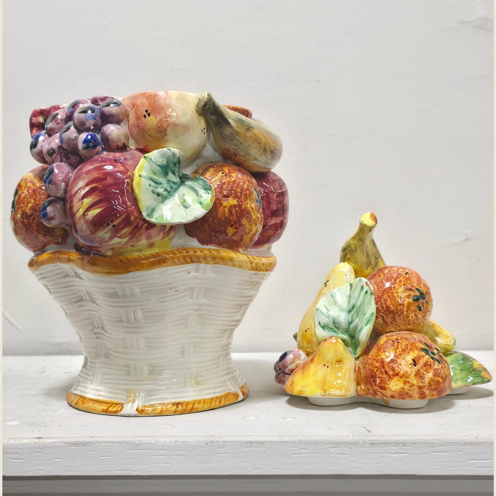 Italian Majolica Fruit Basket Cookie Jar, Hand-Painted Ceramic Canister: Vibrant vintage Italian-style majolica fruit basket cookie jar / canister — a sculptural, hand-painted ceramic statement for Tuscan kitchens, cottagecore shelves, and designer pantry styling. Ap