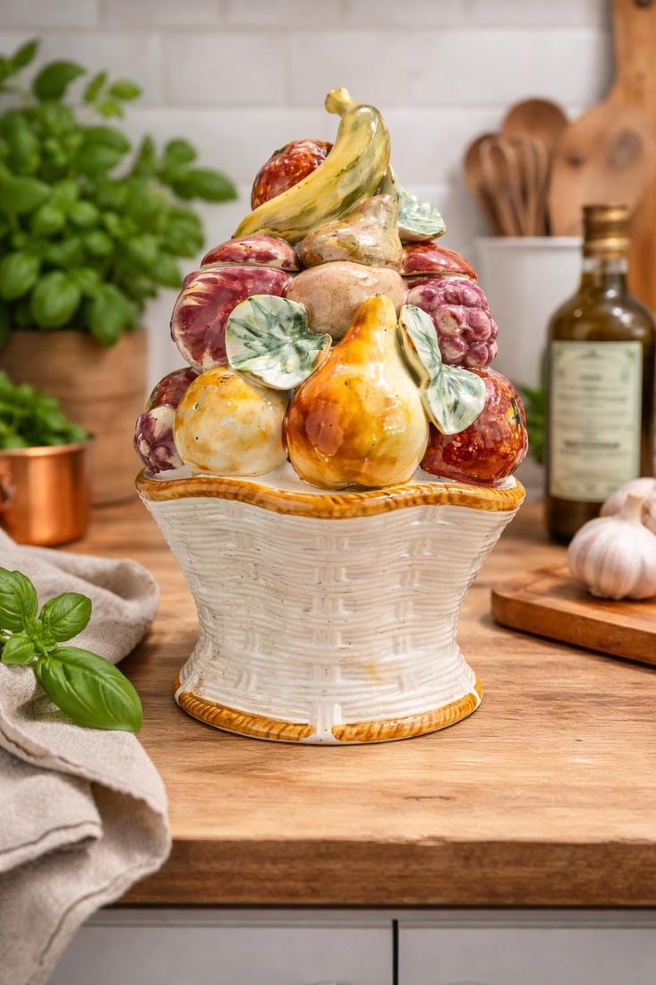 Italian Majolica Fruit Basket Cookie Jar, Hand-Painted Ceramic Canister - 5