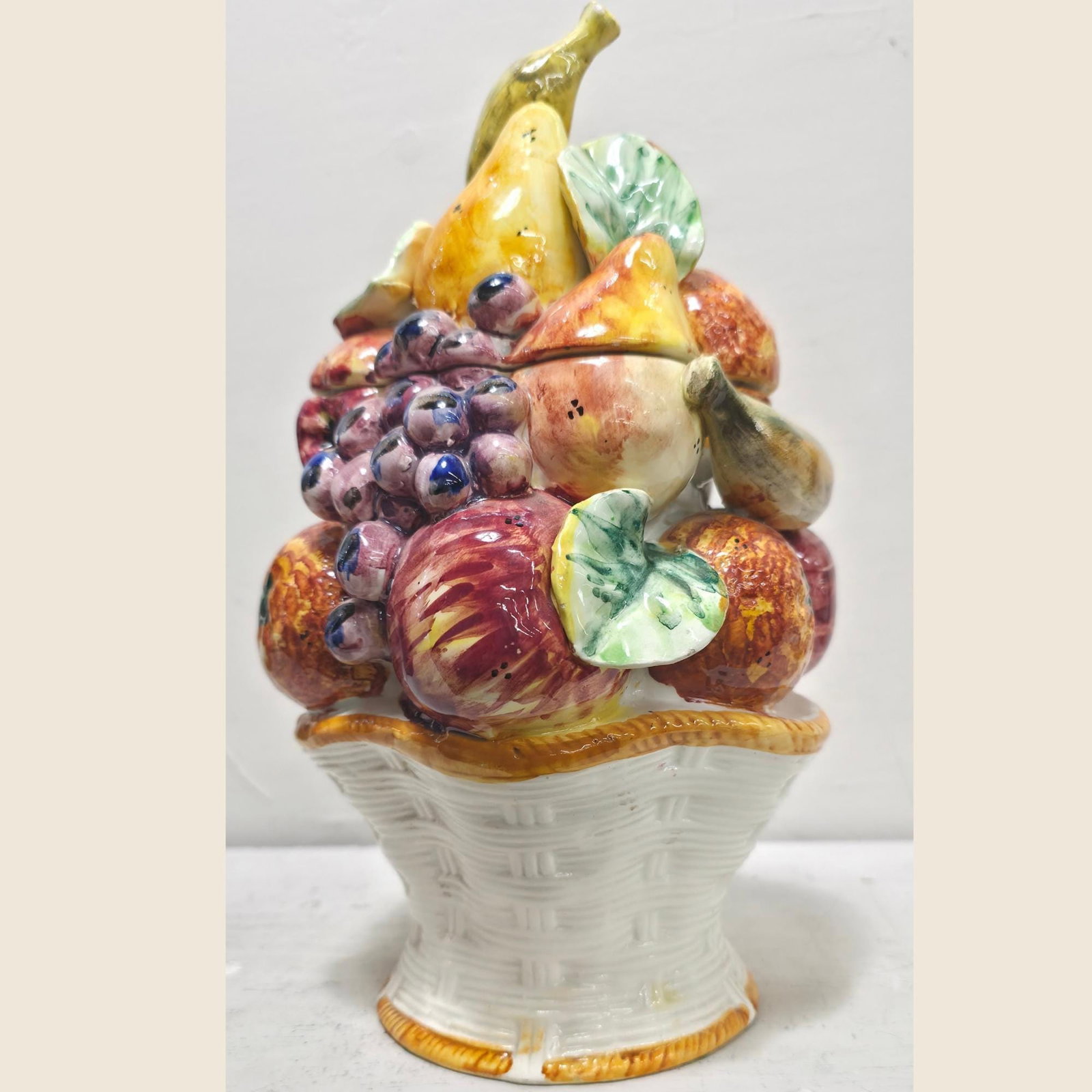 Italian Majolica Fruit Basket Cookie Jar, Hand-Painted Ceramic Canister - 6
