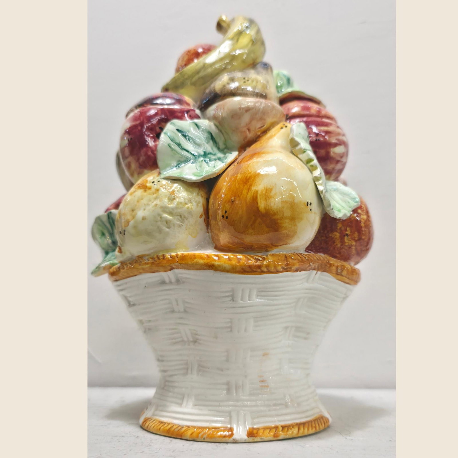 Italian Majolica Fruit Basket Cookie Jar, Hand-Painted Ceramic Canister - 7