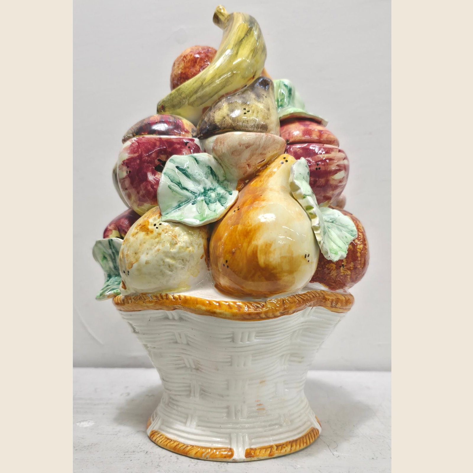 Italian Majolica Fruit Basket Cookie Jar, Hand-Painted Ceramic Canister - 8