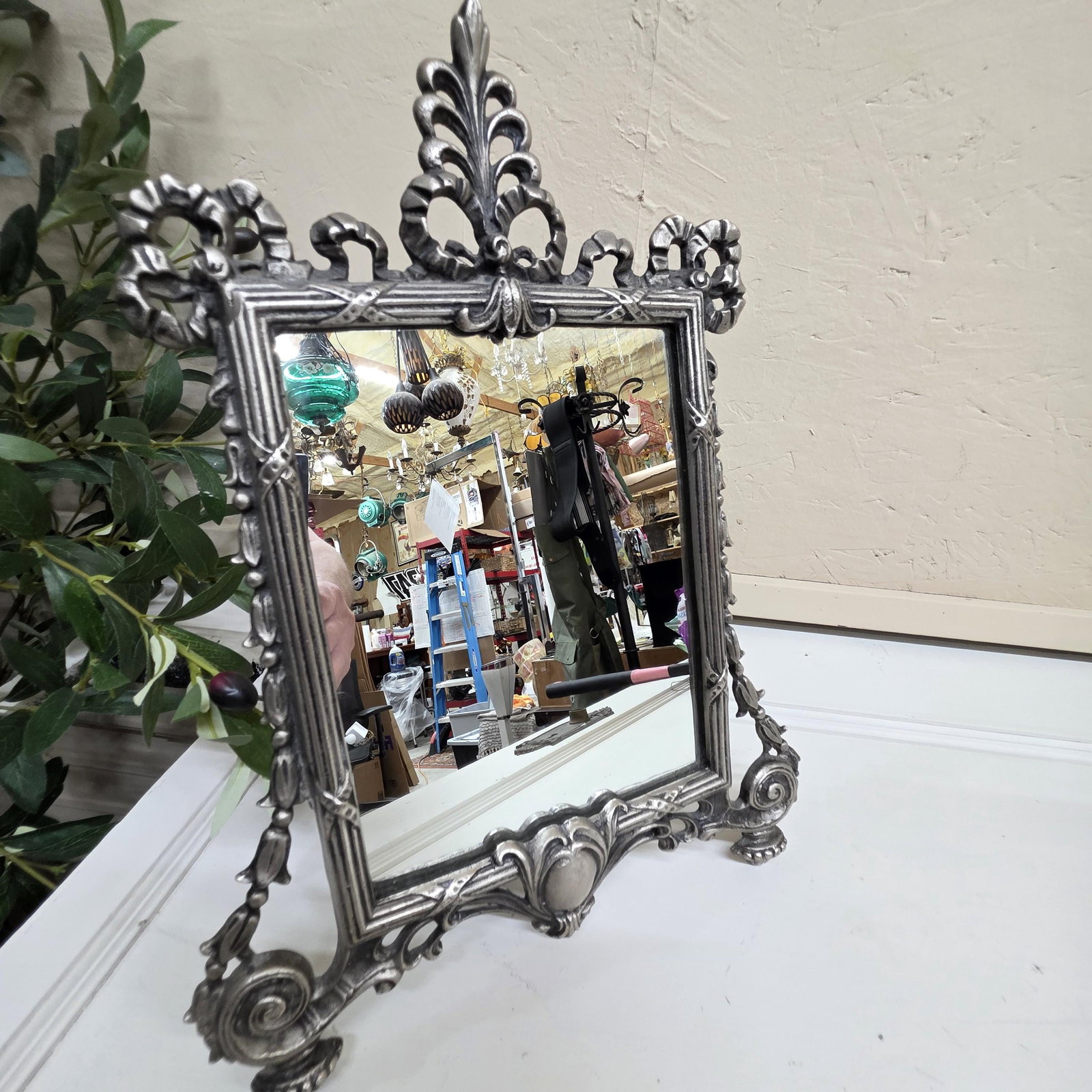 Rococo Revival Tabletop Vanity Mirror Silver Plated Louis XV Ornate Easel Stand - 12