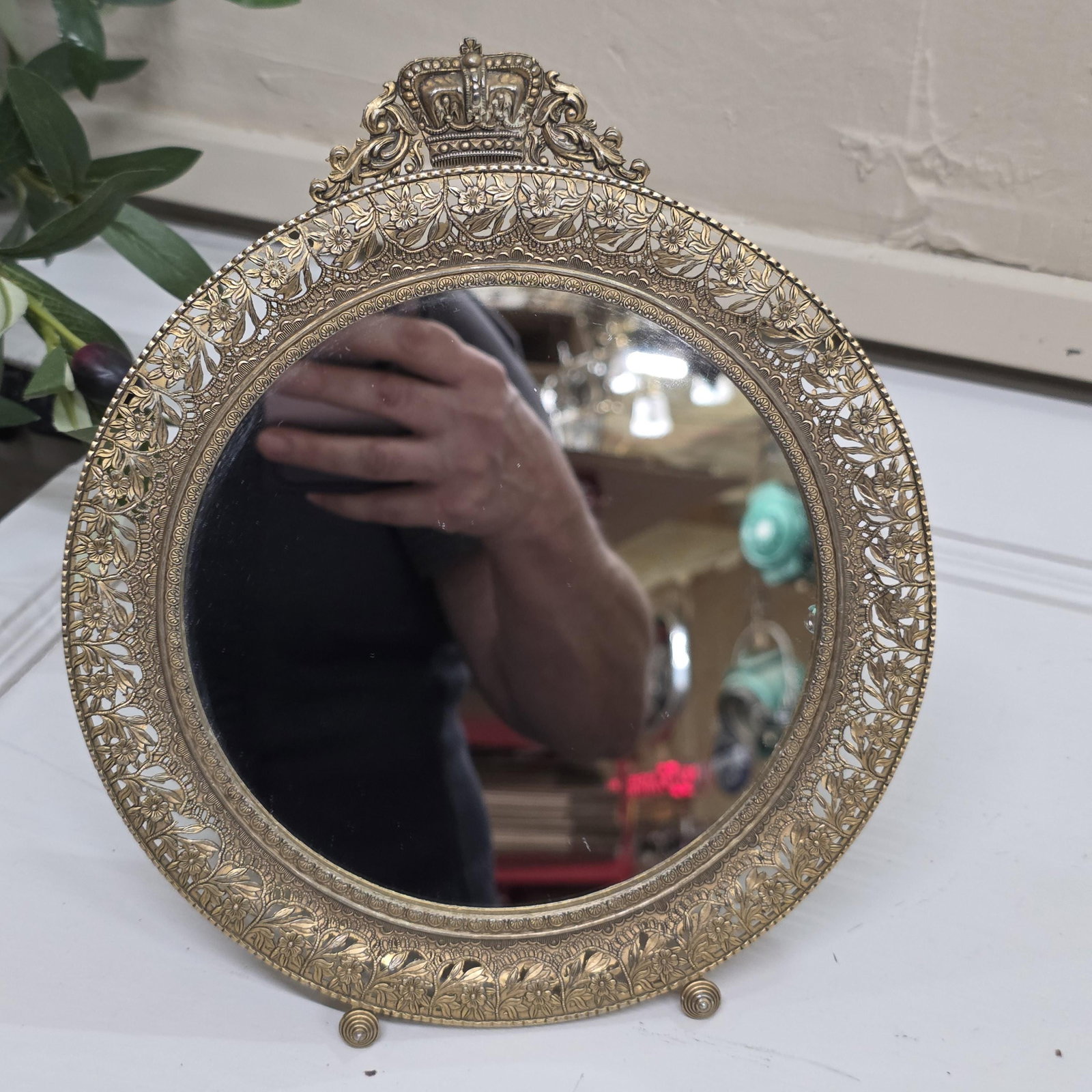 Gilt Brass Vanity Mirror, Crown Crest Filigree Frame, Tabletop Easel Stand - 12