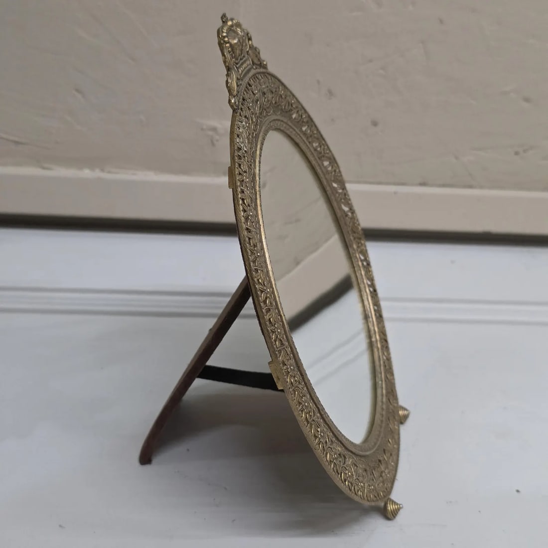 Gilt Brass Vanity Mirror, Crown Crest Filigree Frame, Tabletop Easel Stand - 13
