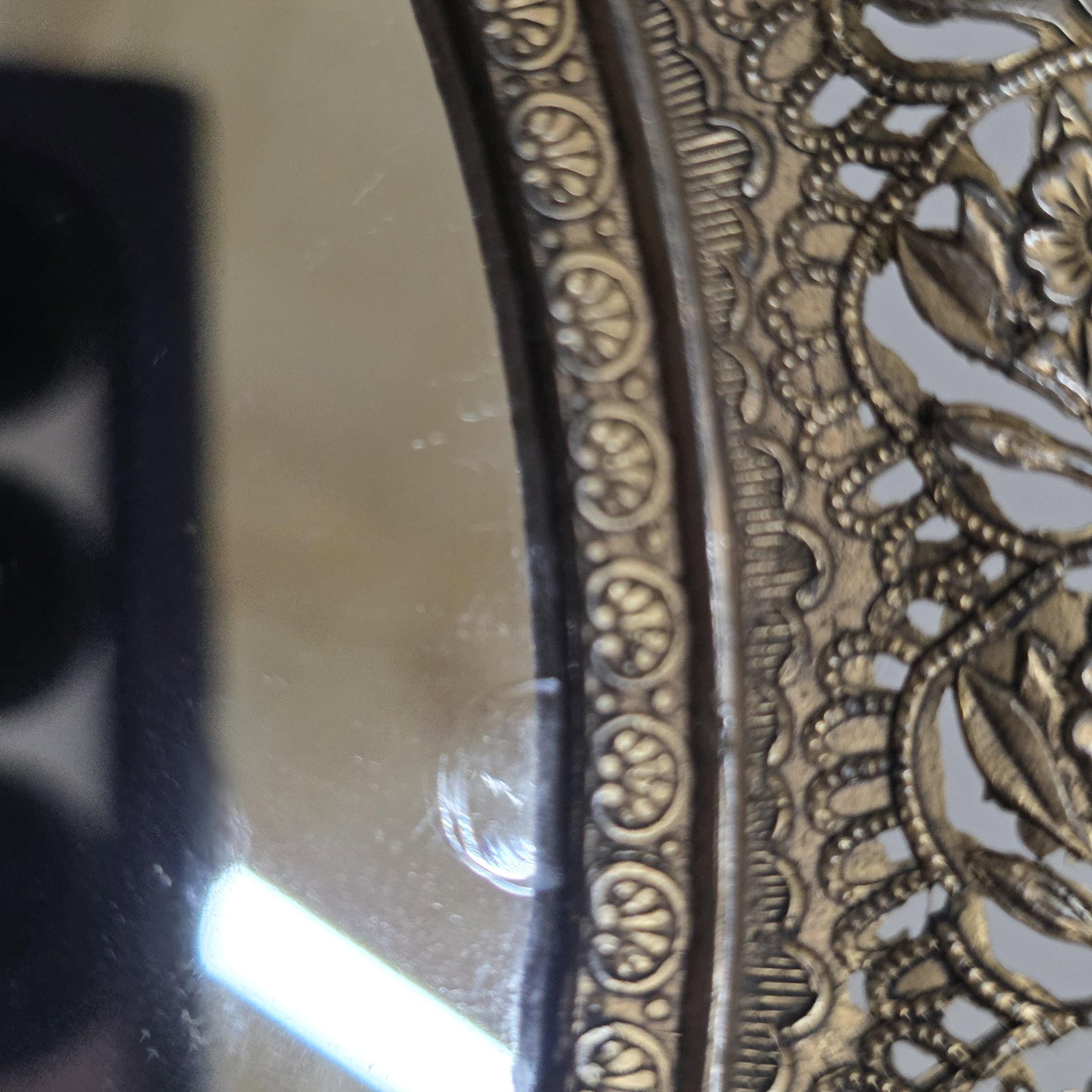 Gilt Brass Vanity Mirror, Crown Crest Filigree Frame, Tabletop Easel Stand - 2