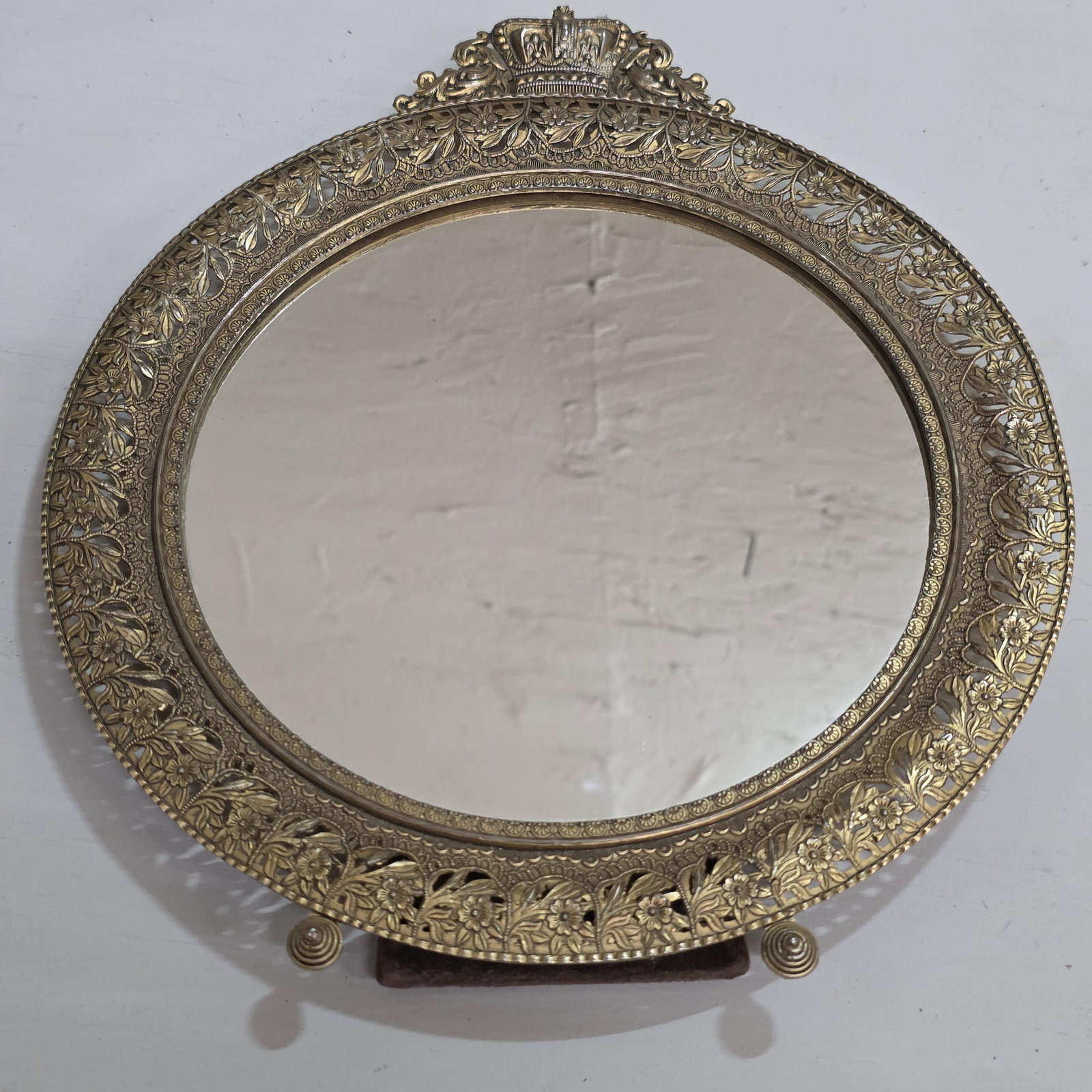 Gilt Brass Vanity Mirror, Crown Crest Filigree Frame, Tabletop Easel Stand - 3