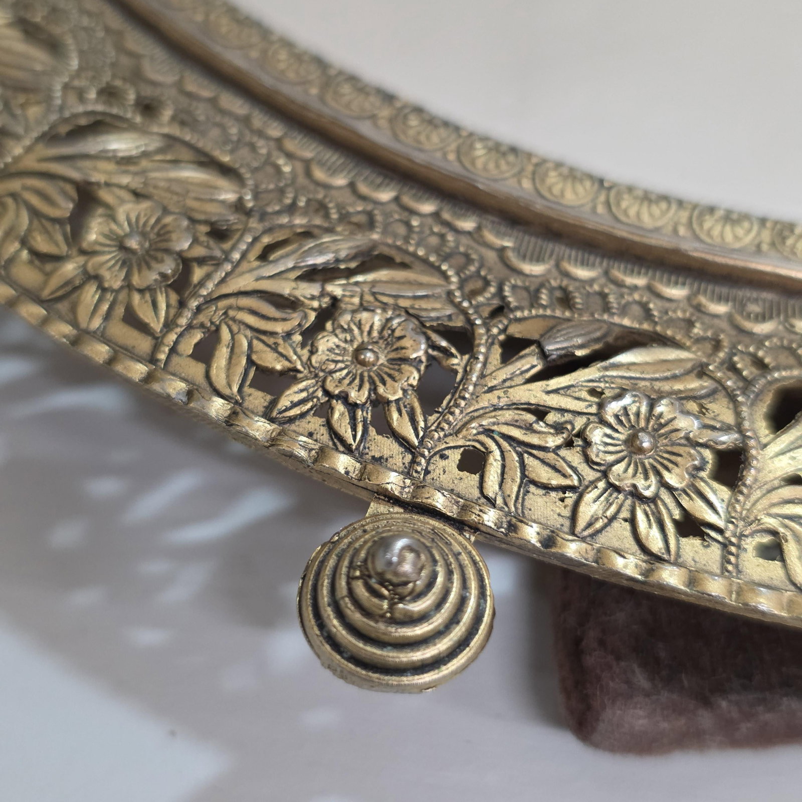 Gilt Brass Vanity Mirror, Crown Crest Filigree Frame, Tabletop Easel Stand - 4