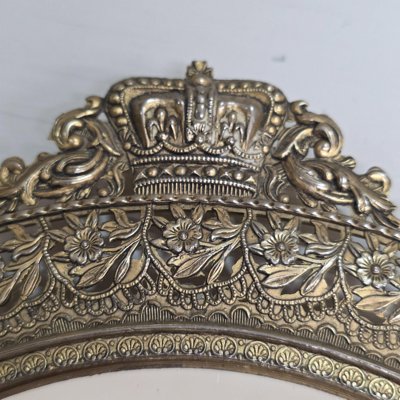Gilt Brass Vanity Mirror, Crown Crest Filigree Frame, Tabletop Easel Stand - 5