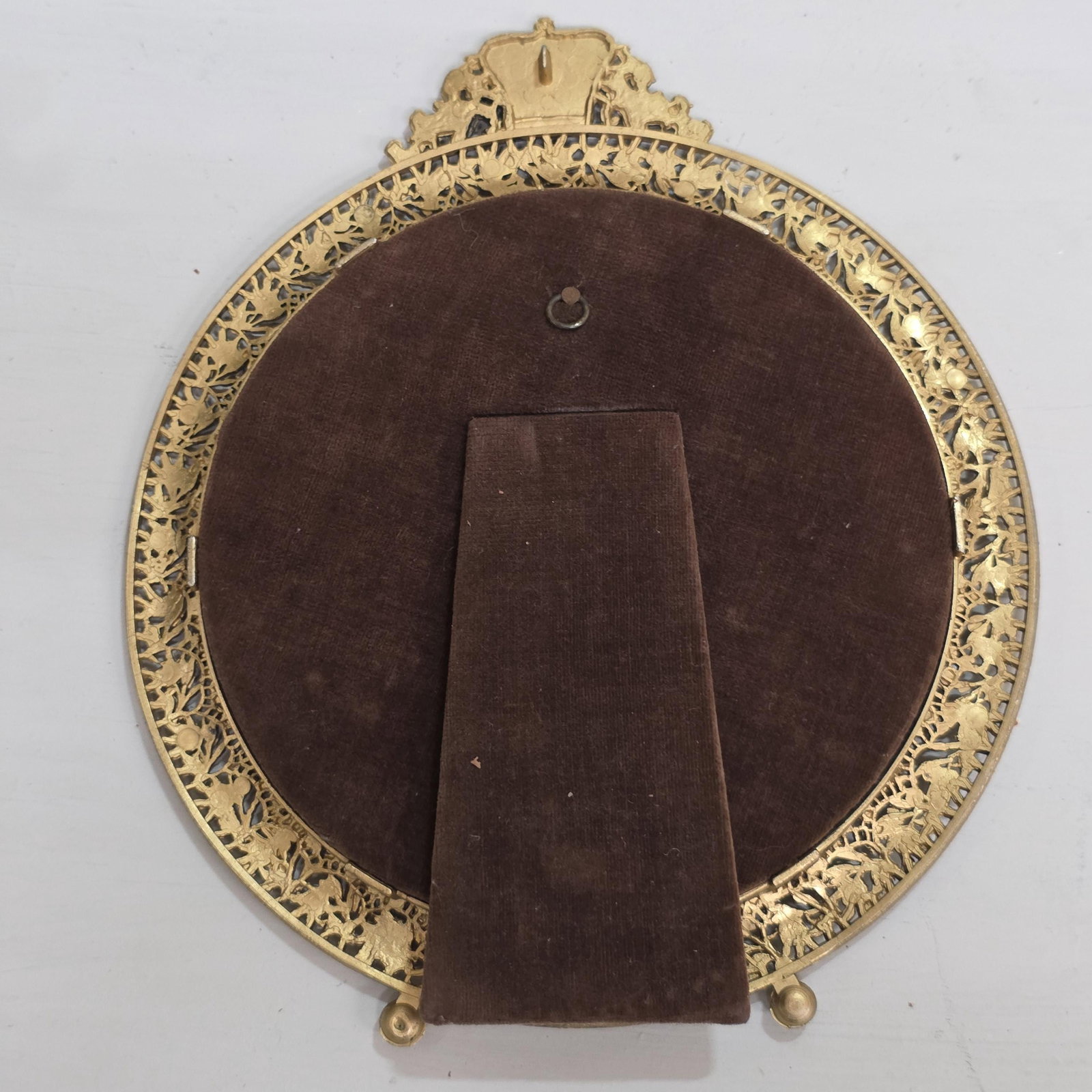 Gilt Brass Vanity Mirror, Crown Crest Filigree Frame, Tabletop Easel Stand - 7