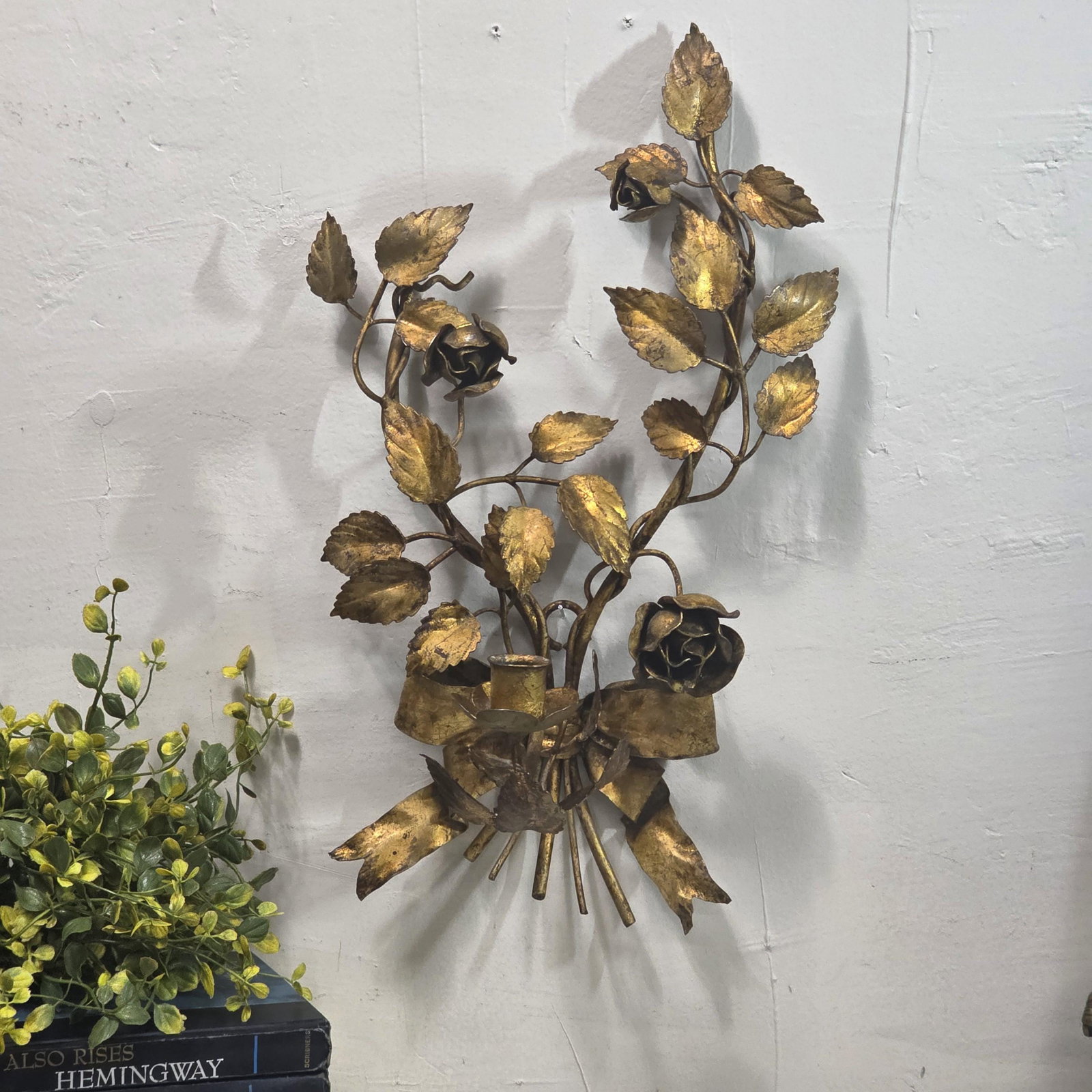 Italian Wall Sconce Candle Holder Roses & Bow Bouquet Hollywood Regency Italian Tole Floral Taper - 10