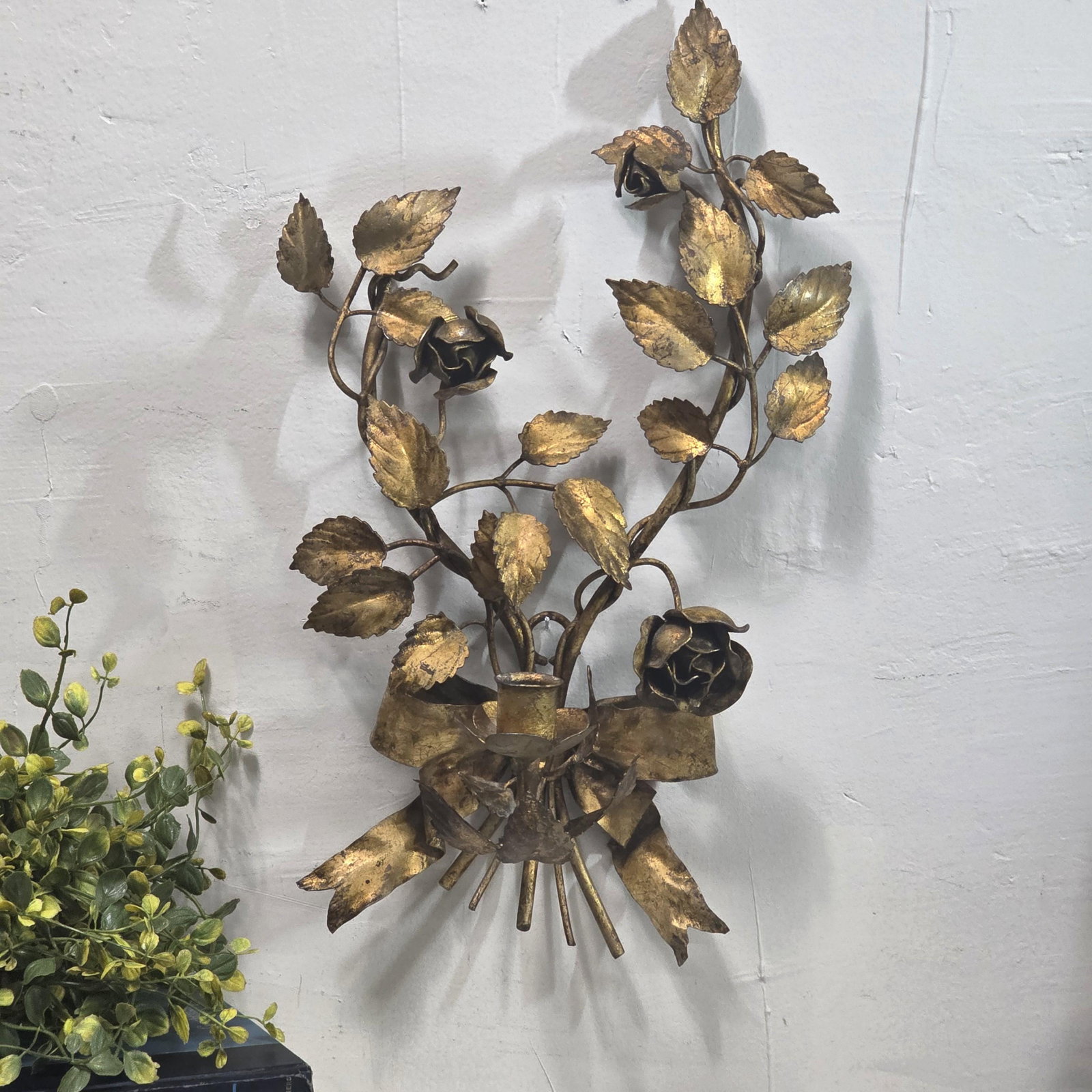 Italian Wall Sconce Candle Holder Roses & Bow Bouquet Hollywood Regency Italian Tole Floral Taper - 11