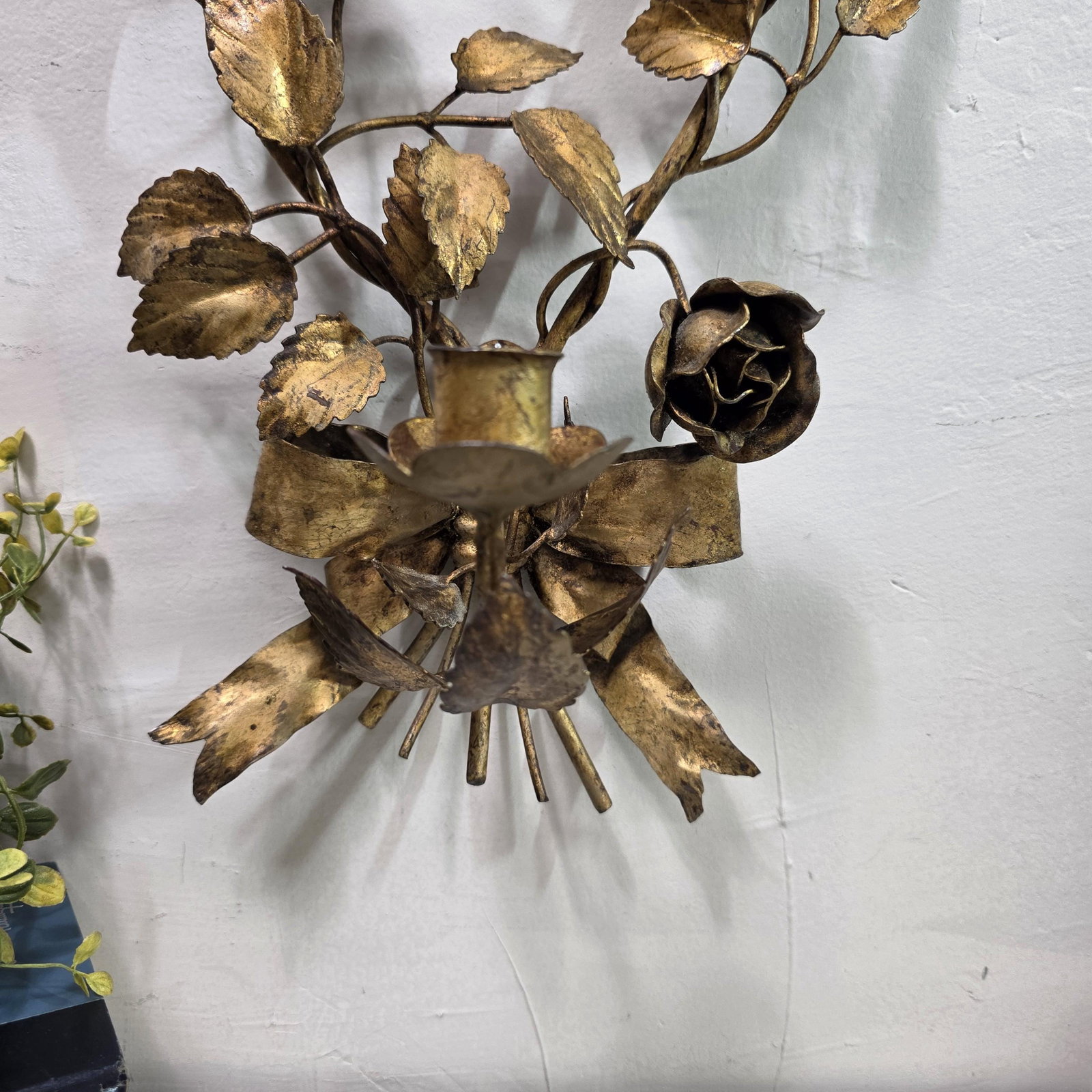 Italian Wall Sconce Candle Holder Roses & Bow Bouquet Hollywood Regency Italian Tole Floral Taper - 12