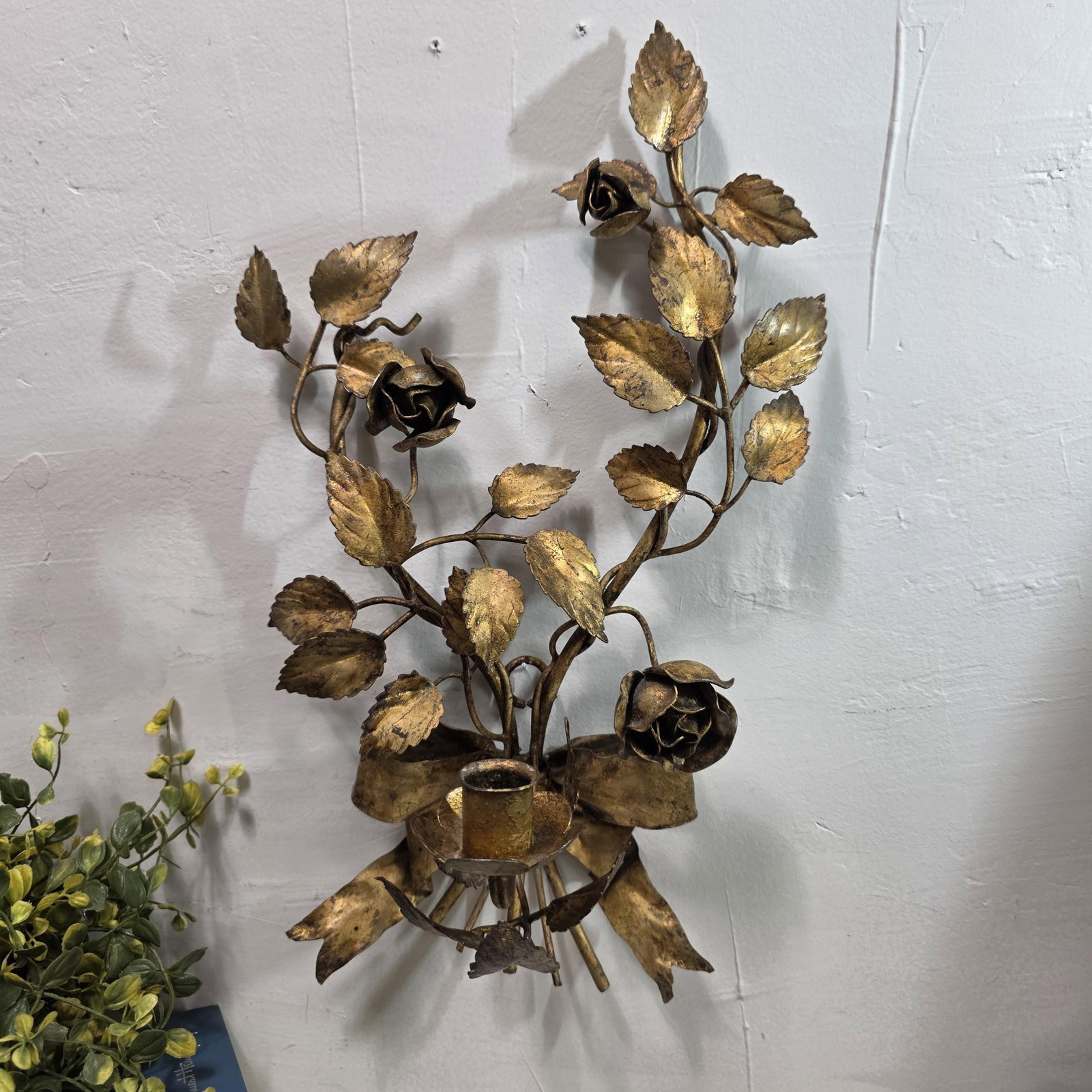 Italian Wall Sconce Candle Holder Roses & Bow Bouquet Hollywood Regency Italian Tole Floral Taper - 14