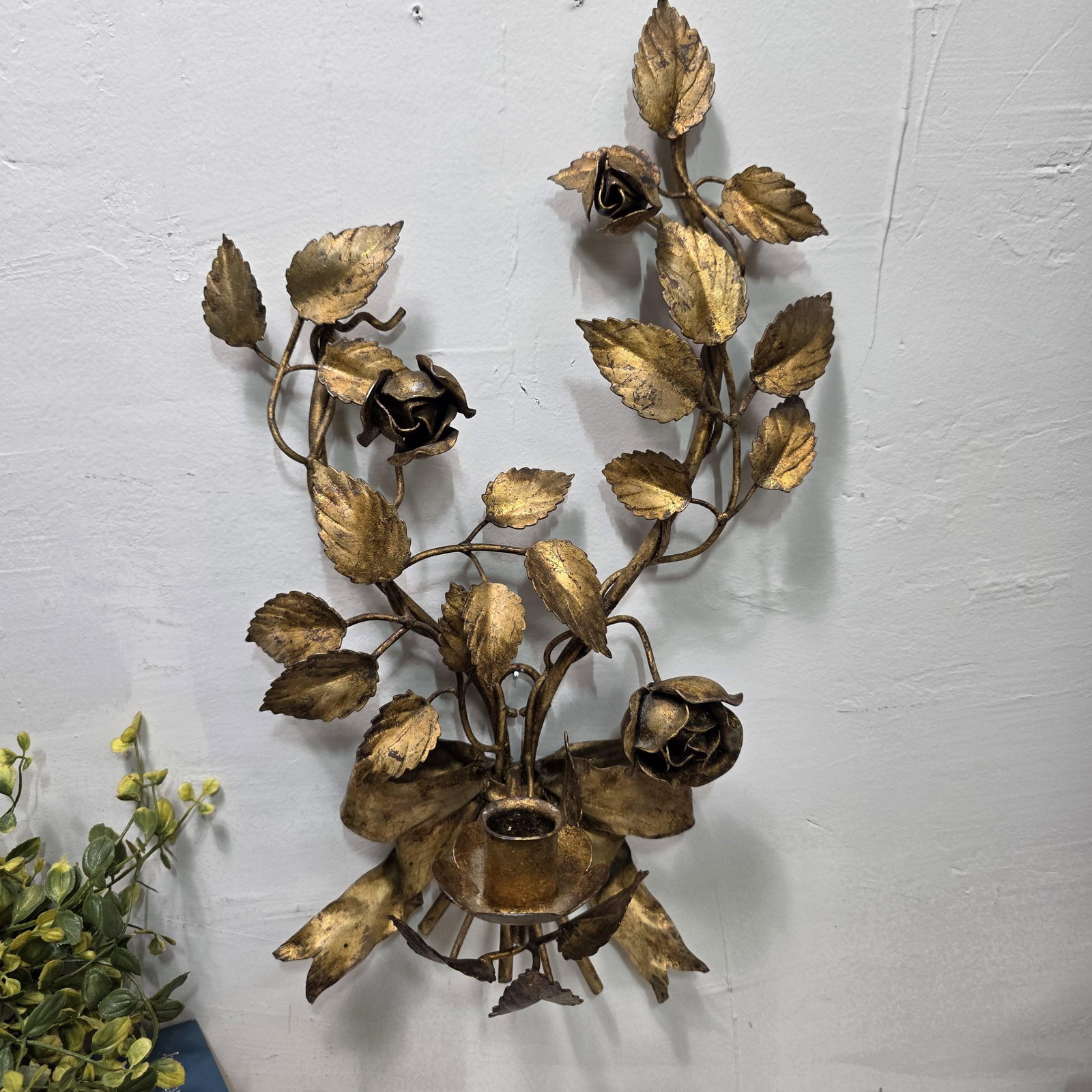 Italian Wall Sconce Candle Holder Roses & Bow Bouquet Hollywood Regency Italian Tole Floral Taper - 15