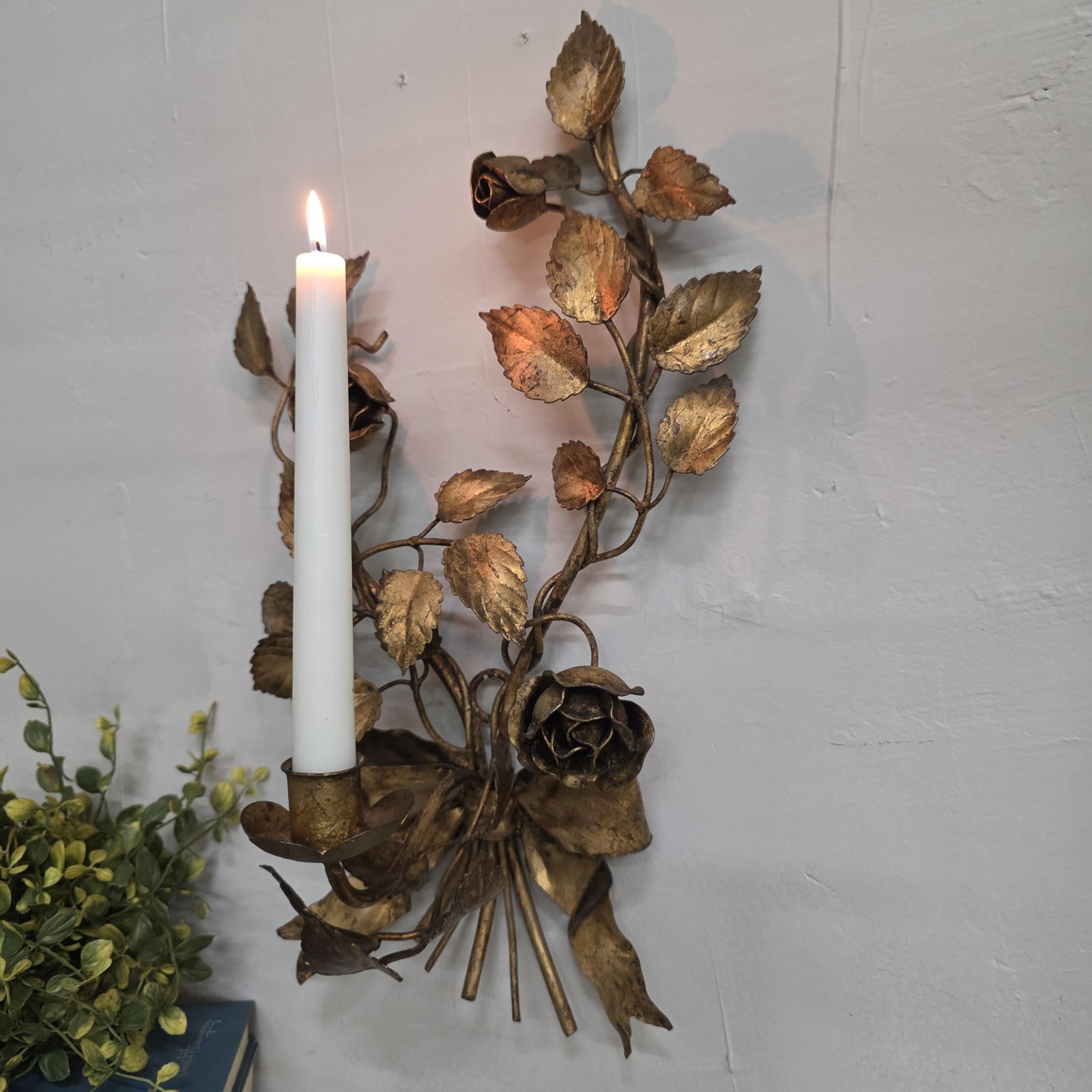 Italian Wall Sconce Candle Holder Roses & Bow Bouquet Hollywood Regency Italian Tole Floral Taper - 17