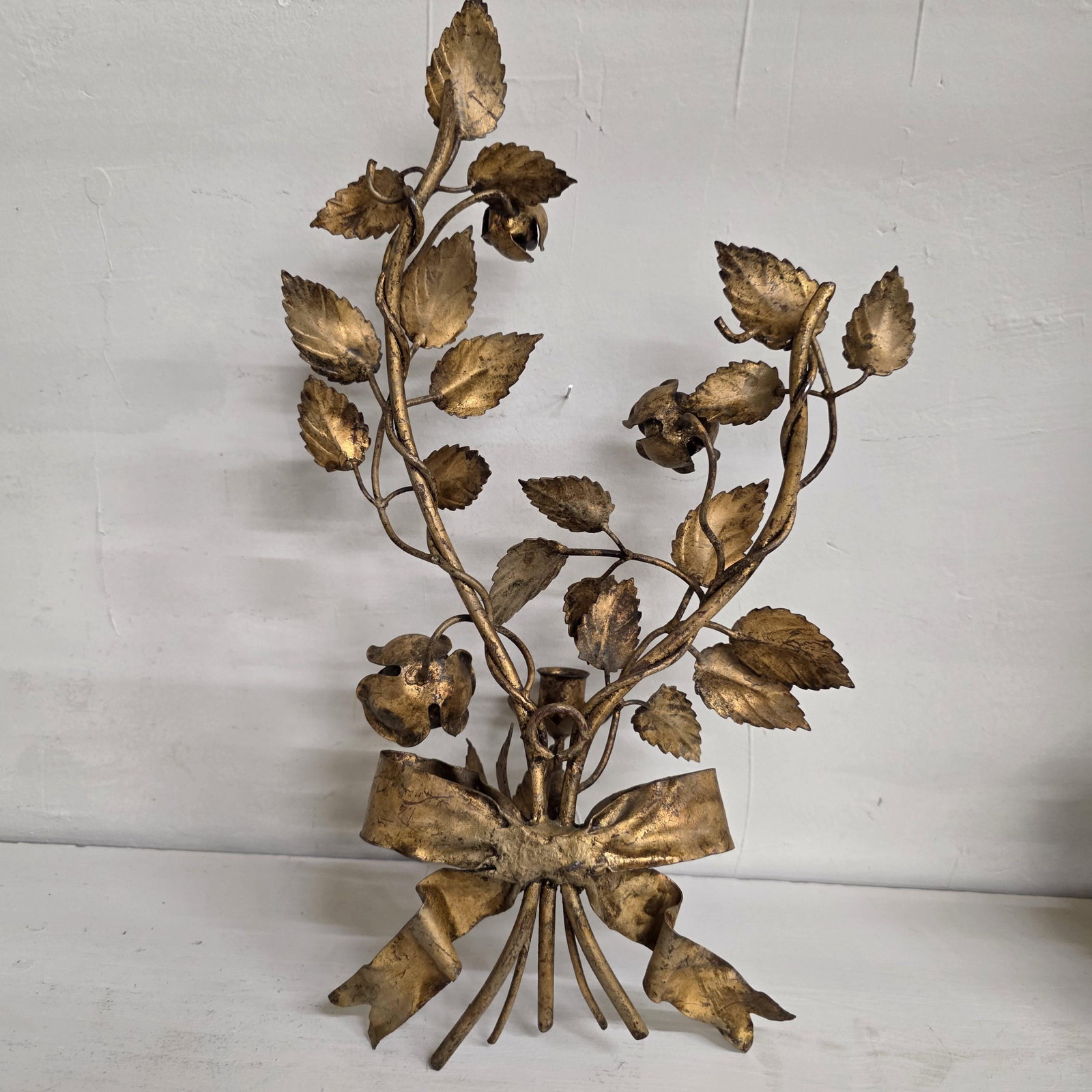 Italian Wall Sconce Candle Holder Roses & Bow Bouquet Hollywood Regency Italian Tole Floral Taper - 18