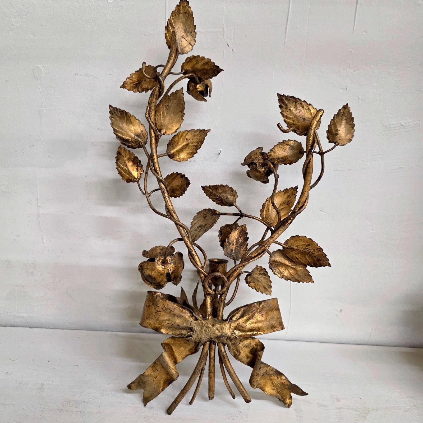 Italian Wall Sconce Candle Holder Roses & Bow Bouquet Hollywood Regency Italian Tole Floral Taper - 19