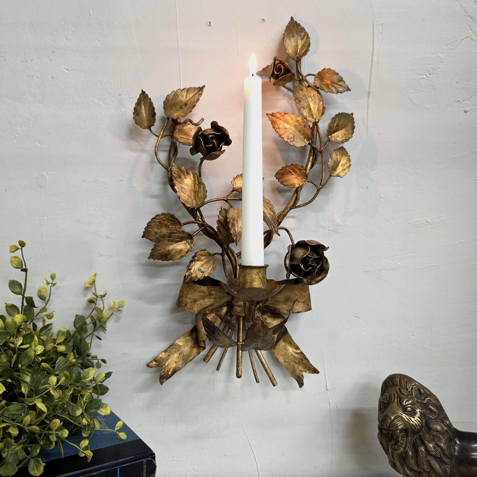 Italian Wall Sconce Candle Holder Roses & Bow Bouquet Hollywood Regency Italian Tole Floral Taper - 2