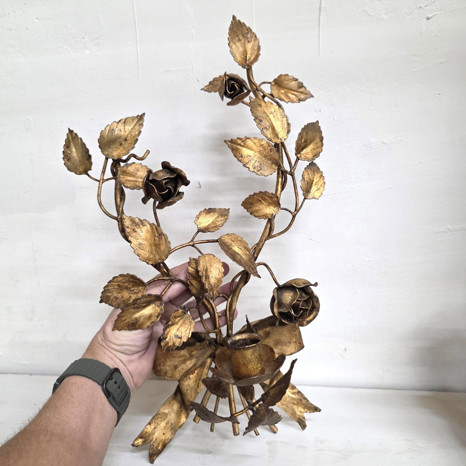 Italian Wall Sconce Candle Holder Roses & Bow Bouquet Hollywood Regency Italian Tole Floral Taper - 4