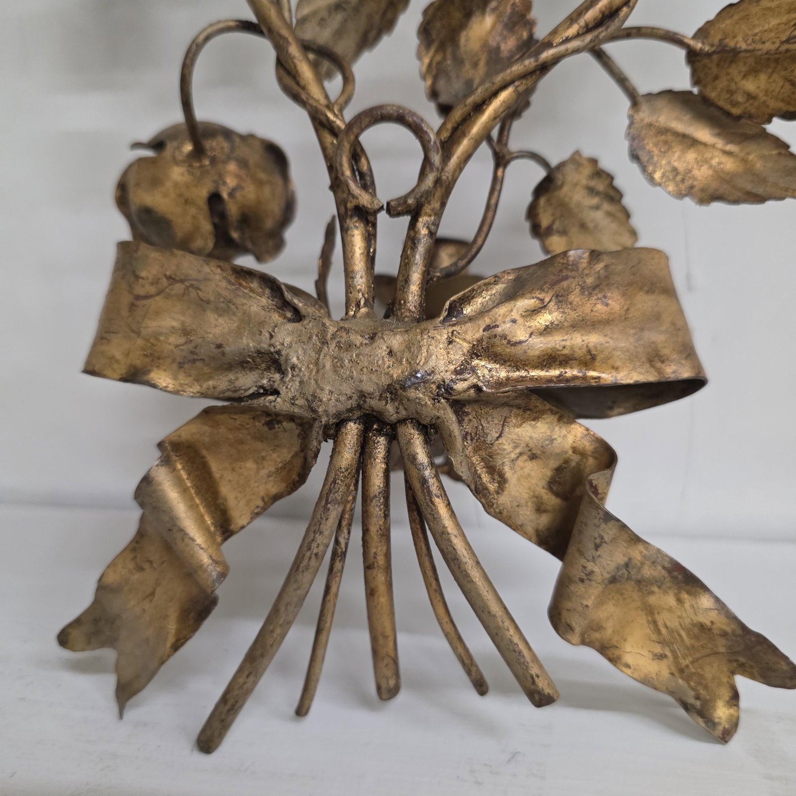 Italian Wall Sconce Candle Holder Roses & Bow Bouquet Hollywood Regency Italian Tole Floral Taper - 5