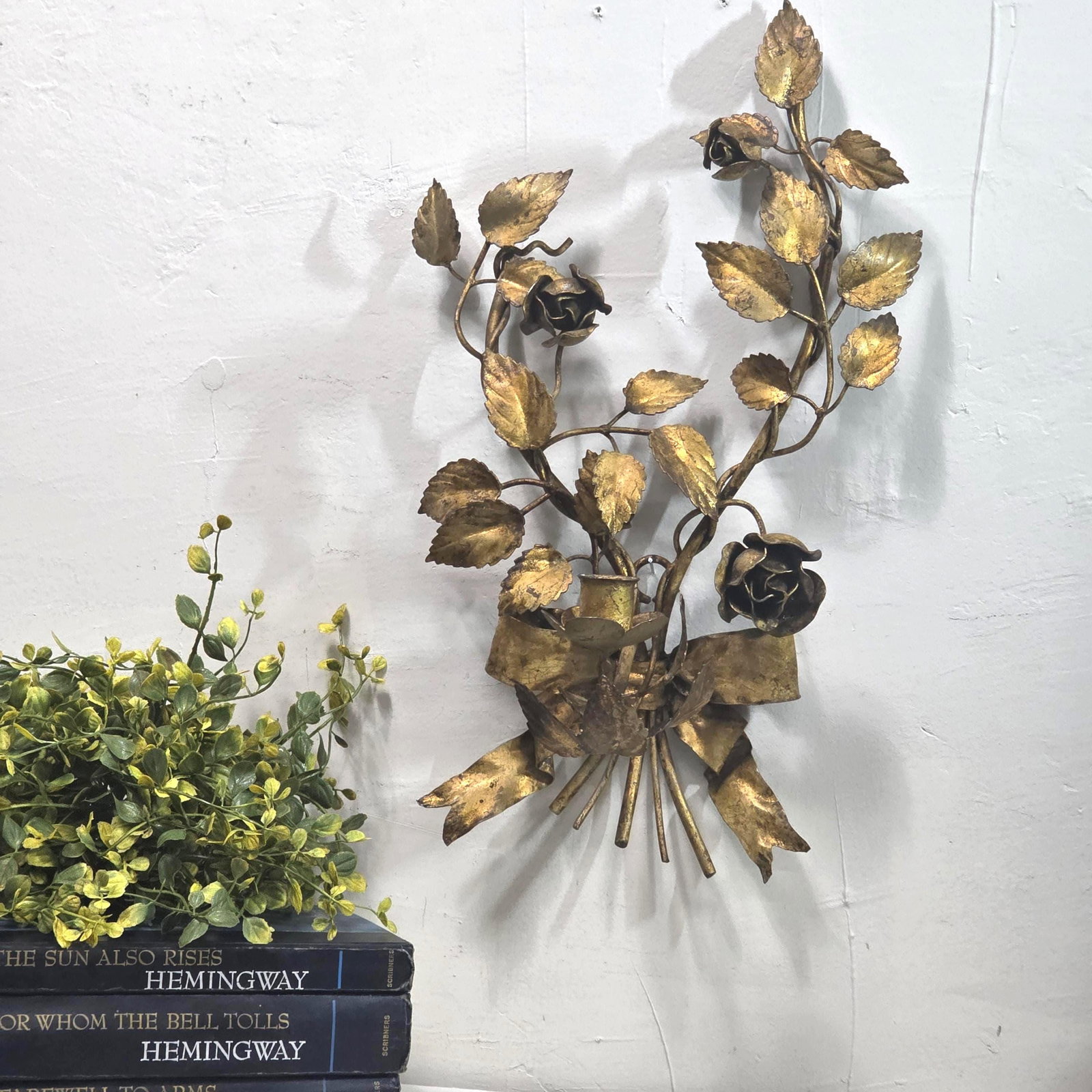 Italian Wall Sconce Candle Holder Roses & Bow Bouquet Hollywood Regency Italian Tole Floral Taper - 6