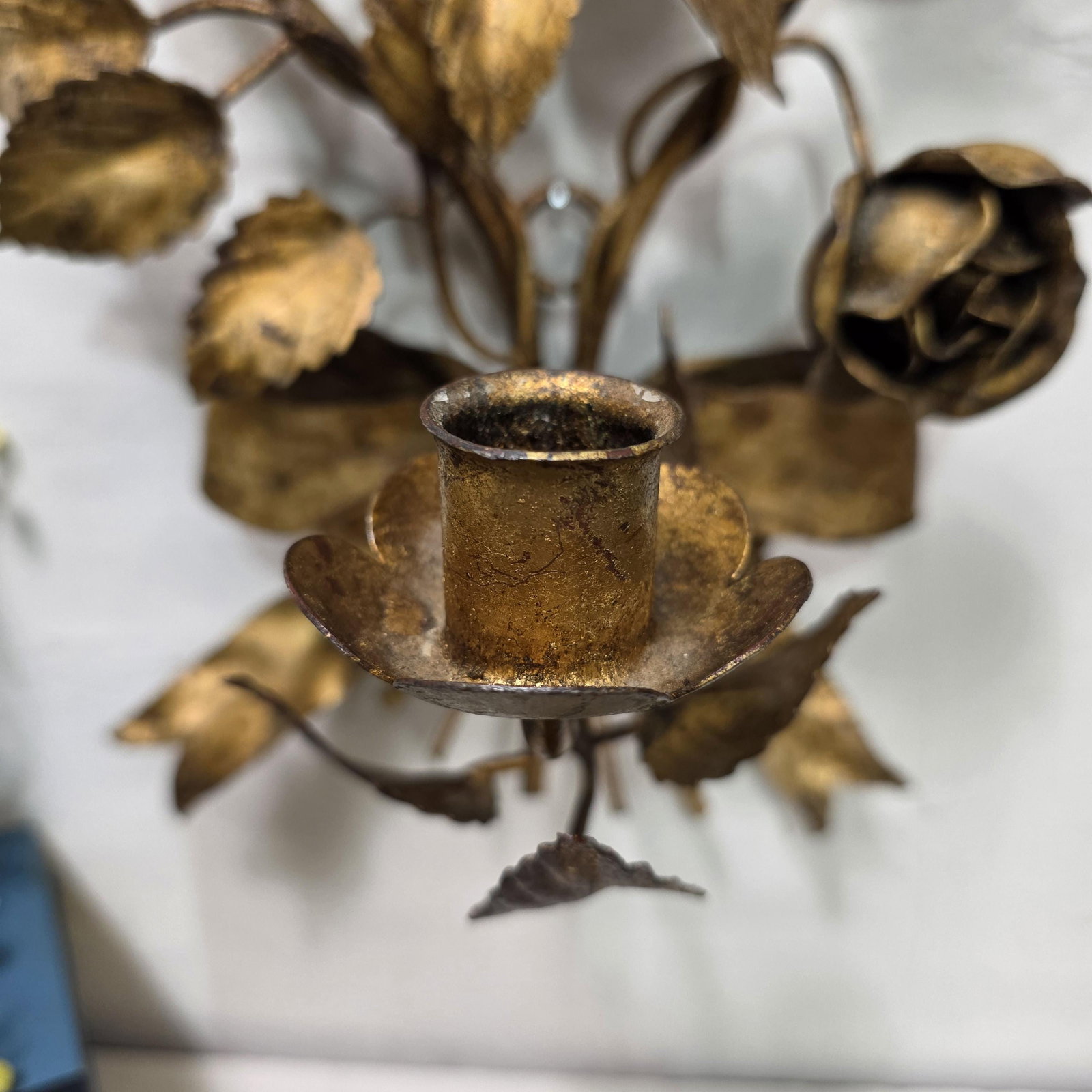 Italian Wall Sconce Candle Holder Roses & Bow Bouquet Hollywood Regency Italian Tole Floral Taper - 7