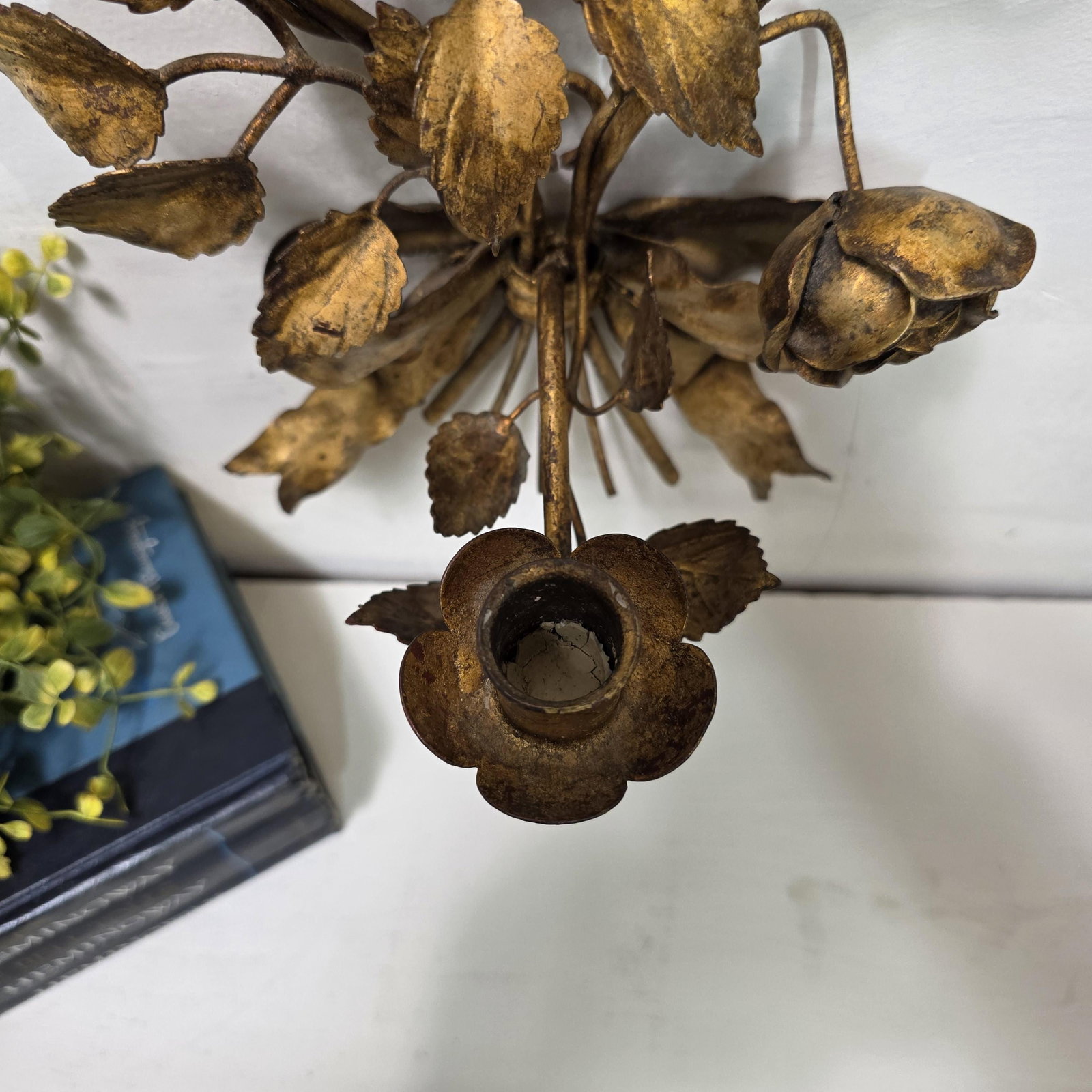 Italian Wall Sconce Candle Holder Roses & Bow Bouquet Hollywood Regency Italian Tole Floral Taper - 8