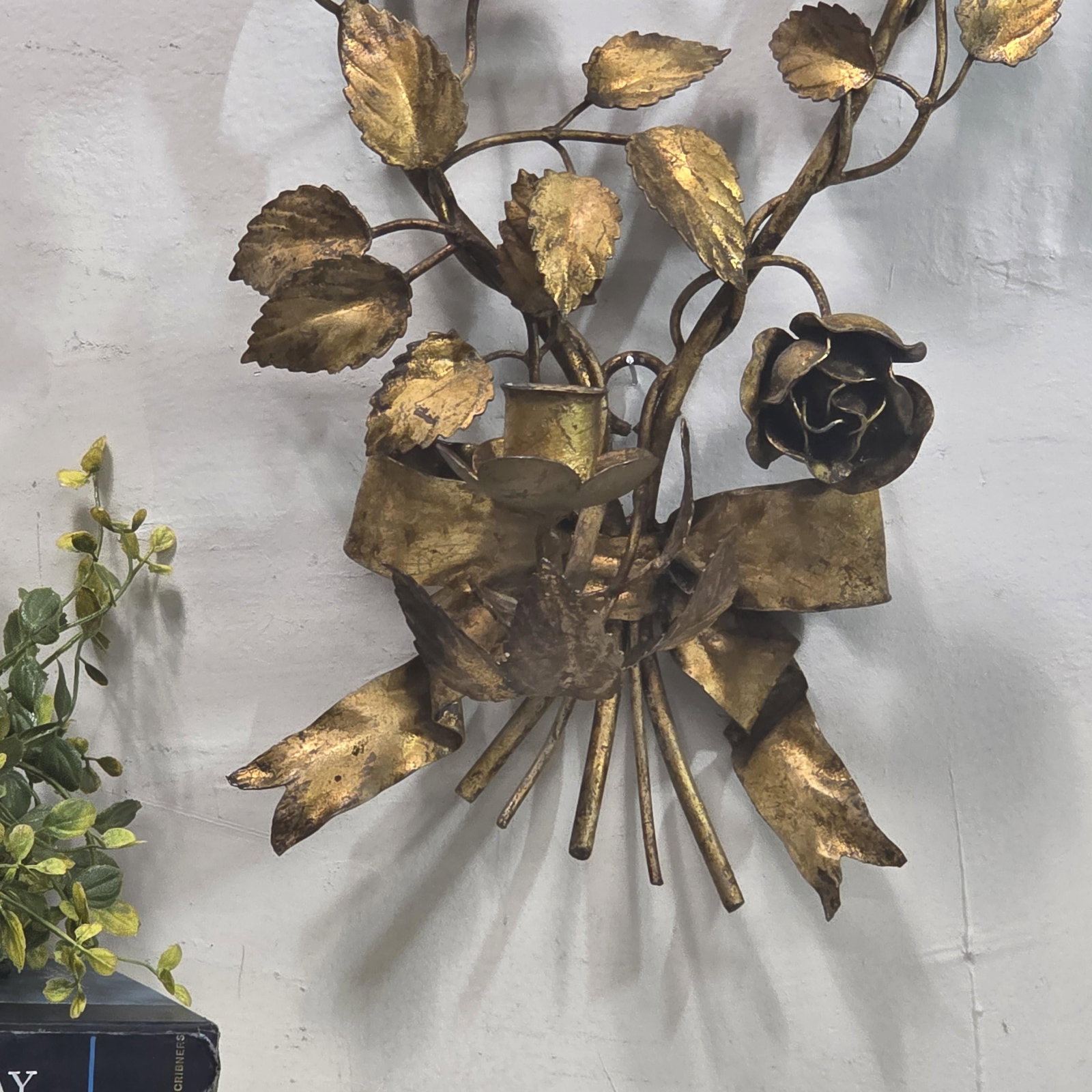 Italian Wall Sconce Candle Holder Roses & Bow Bouquet Hollywood Regency Italian Tole Floral Taper - 9