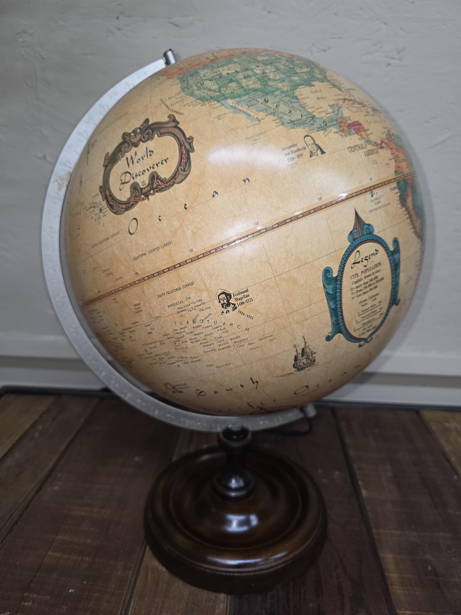 1980 Replogle World Discoverer, Illuminated Parchment Desk Globe, Wood Base - 10