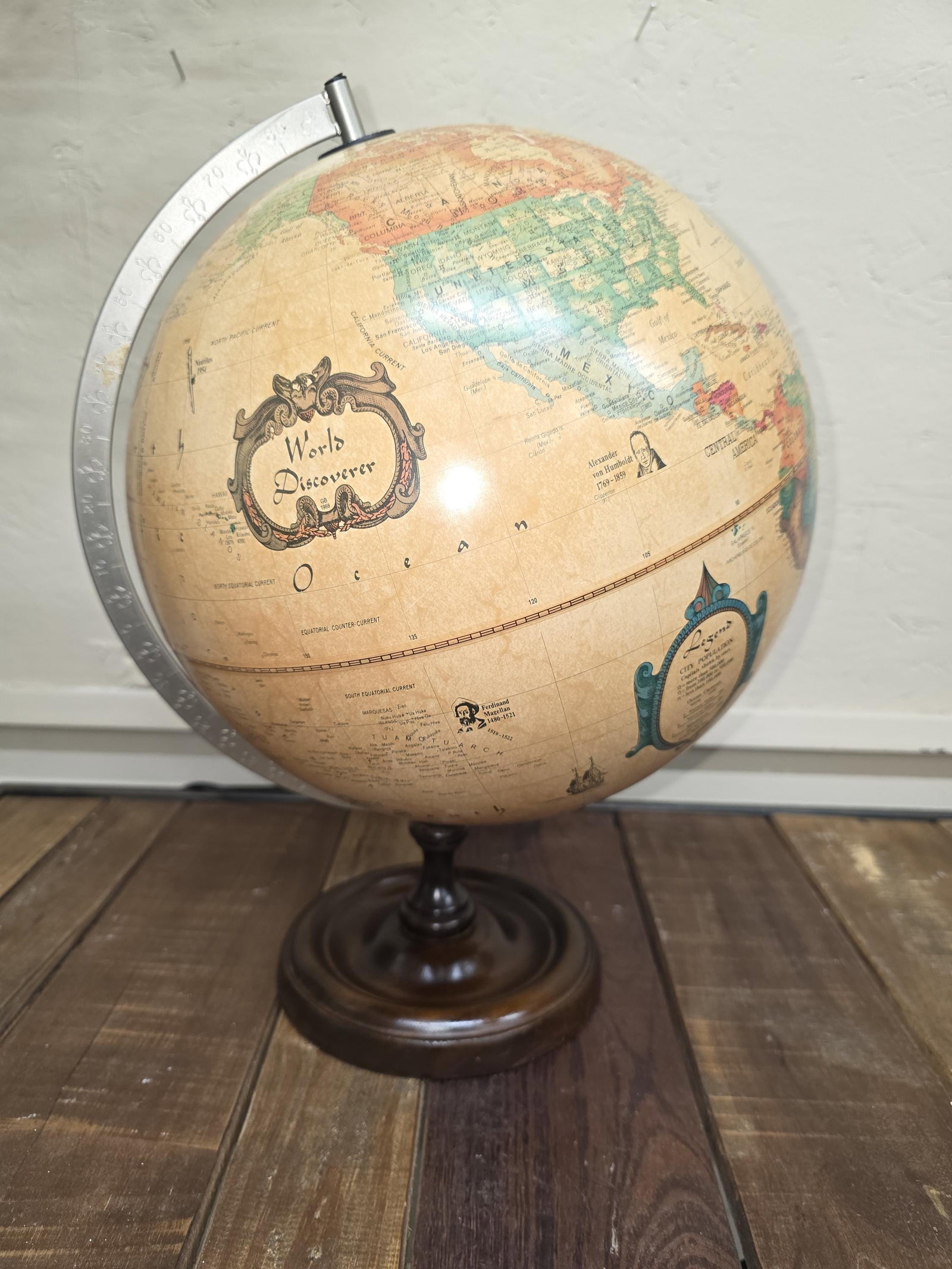 1980 Replogle World Discoverer, Illuminated Parchment Desk Globe, Wood Base (1 of 12)
