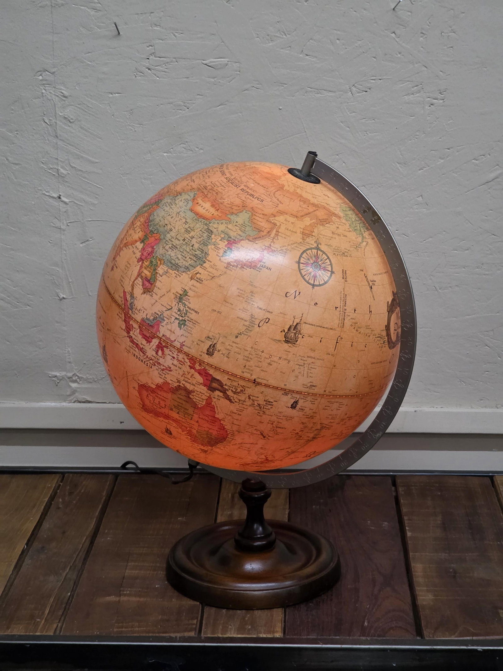 1980 Replogle World Discoverer, Illuminated Parchment Desk Globe, Wood Base - 2